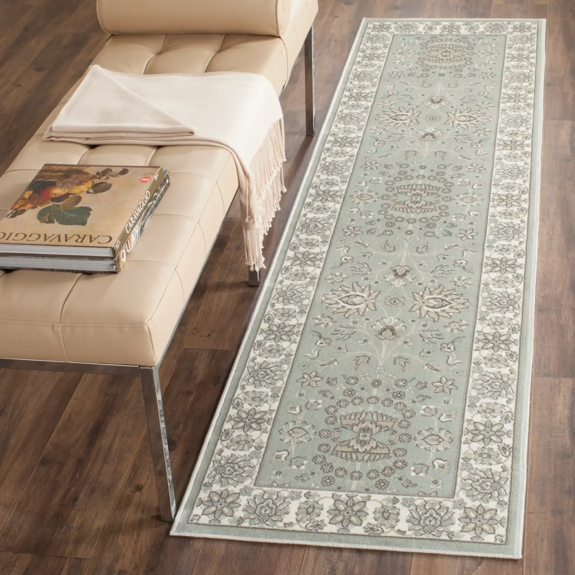 Persian Garden Floral Vine Viscose Rug in Silver / Ivory in a styled room