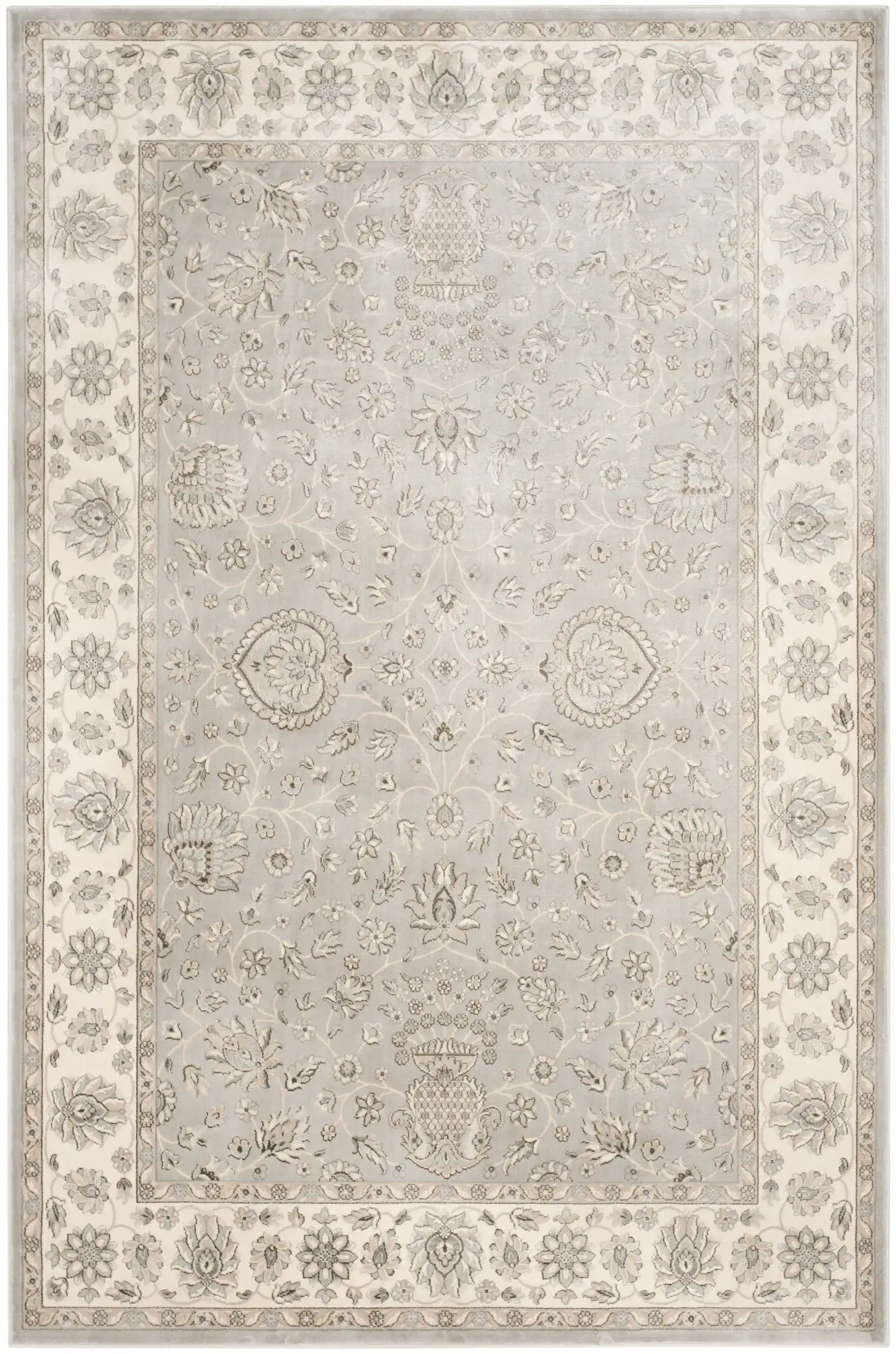 Persian Garden Floral Vine Viscose Rug in Silver / Ivory, detail view