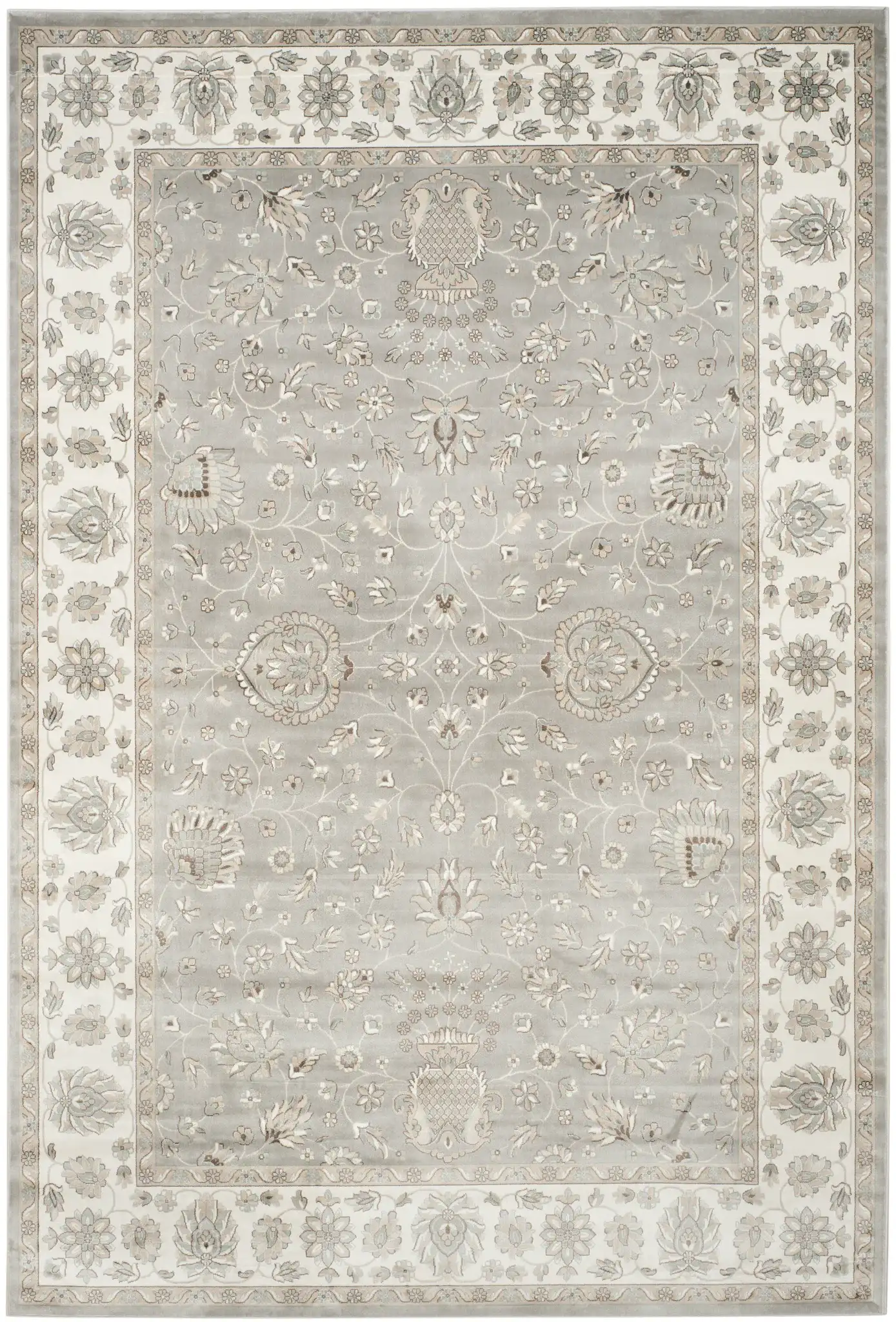 Persian Garden Floral Vine Viscose Rug in Silver / Ivory