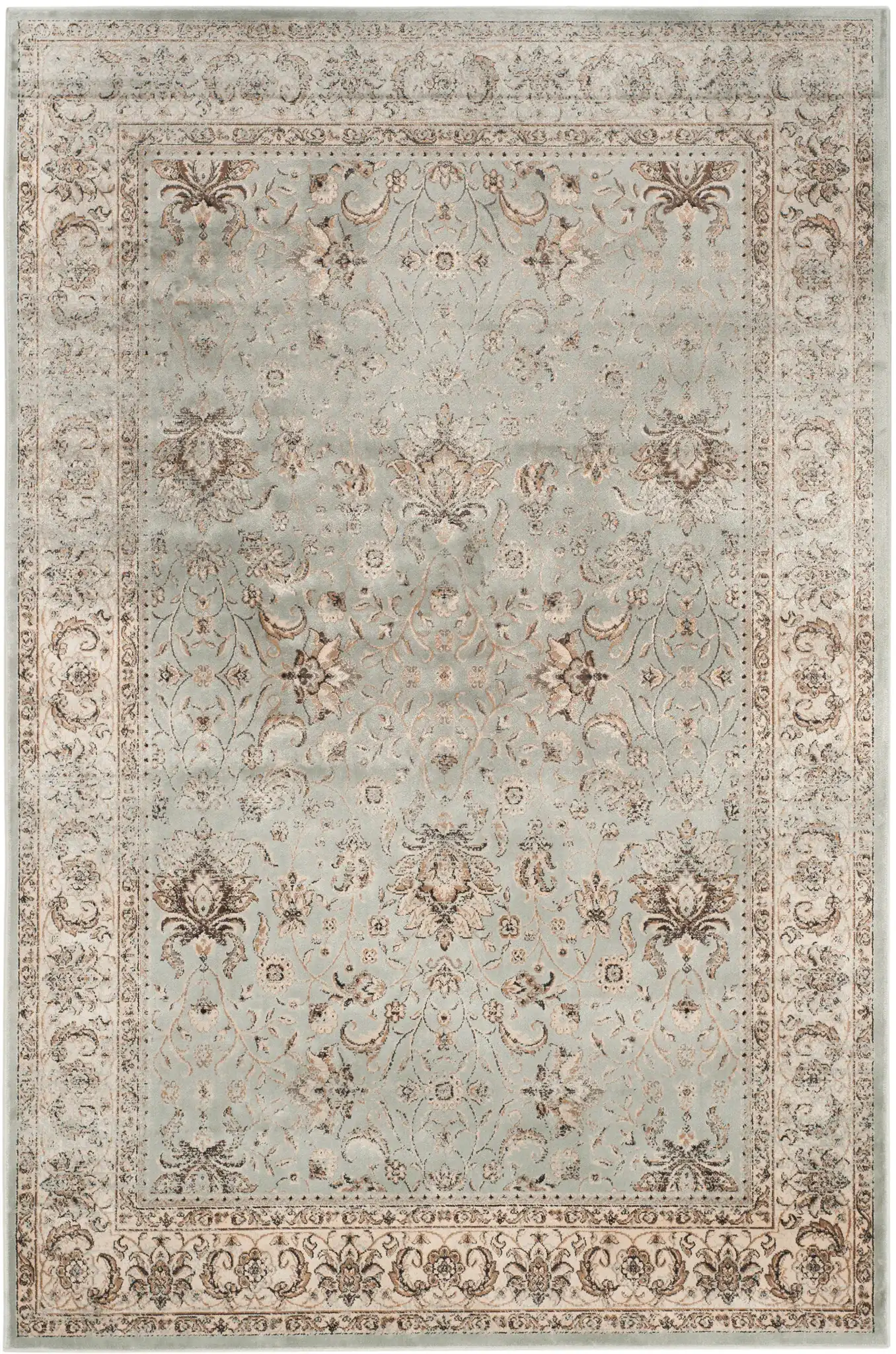 Persian Garden Vintage Floral Bordered Viscose Rug in Light Blue / Ivory