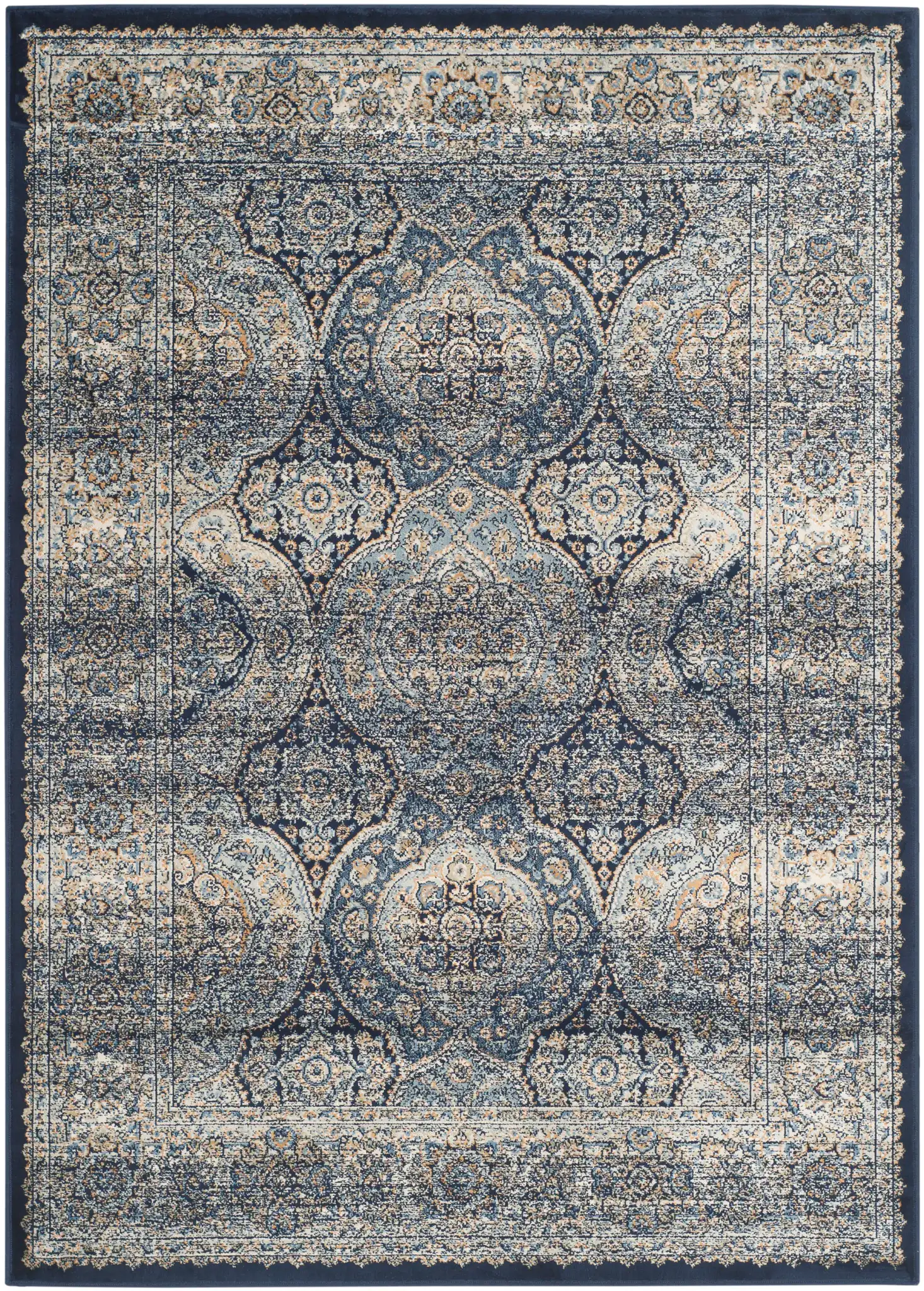 Persian Garden Vintage Traditional Allover Viscose Rug in Navy / Ivory, detail view
