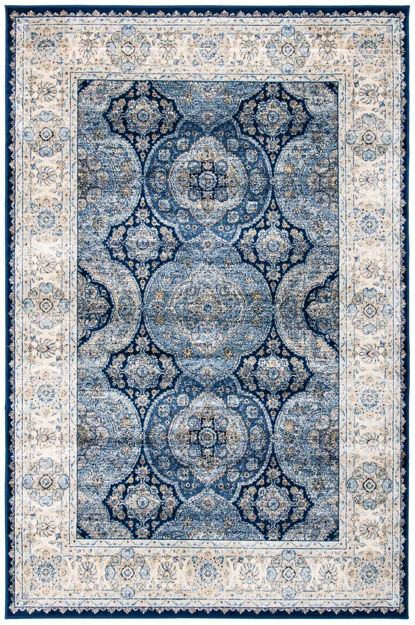 Persian Garden Vintage Traditional Allover Viscose Rug in Navy / Ivory