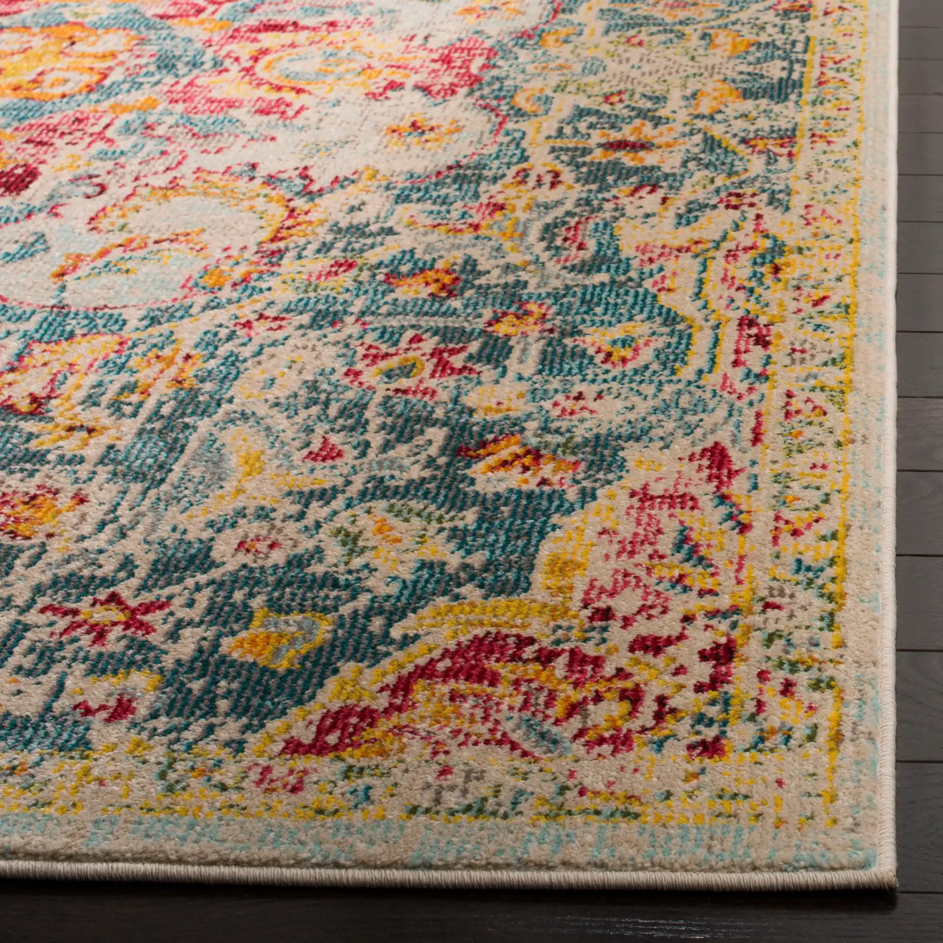 Phoenix Distressed Persian Medallion Rug in Blue / Yellow in a styled room