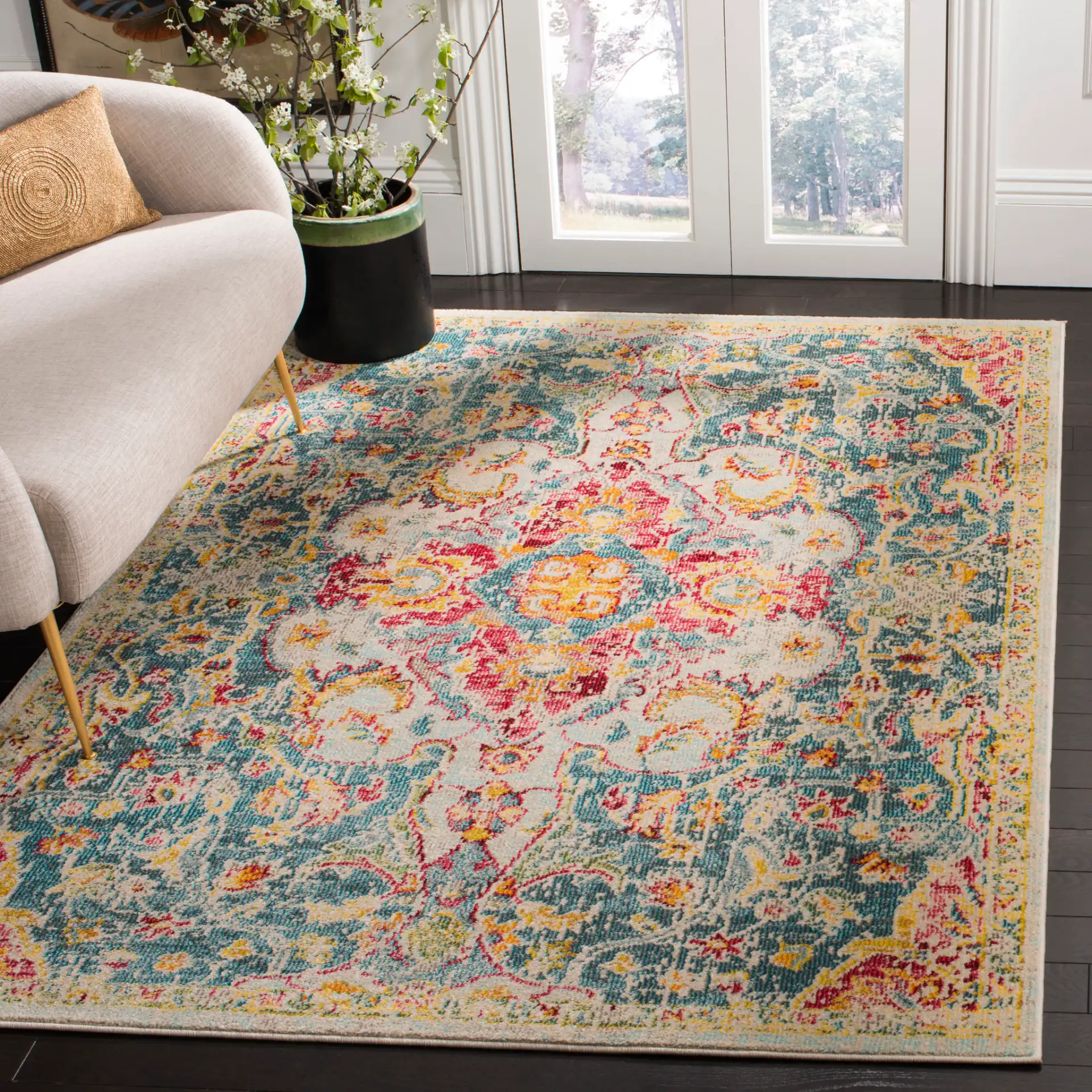 Phoenix Distressed Persian Medallion Rug in Blue / Yellow in a styled room