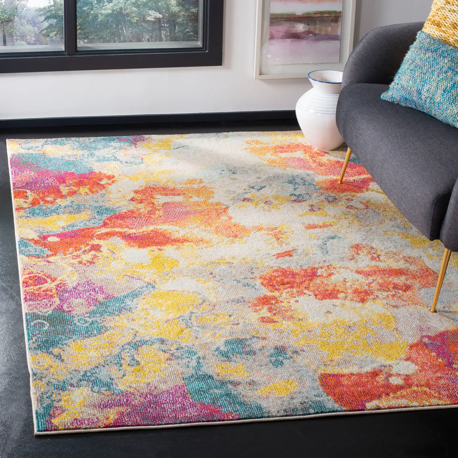 Phoenix Abstract Splatter Rug in Blue / Orange in a styled room