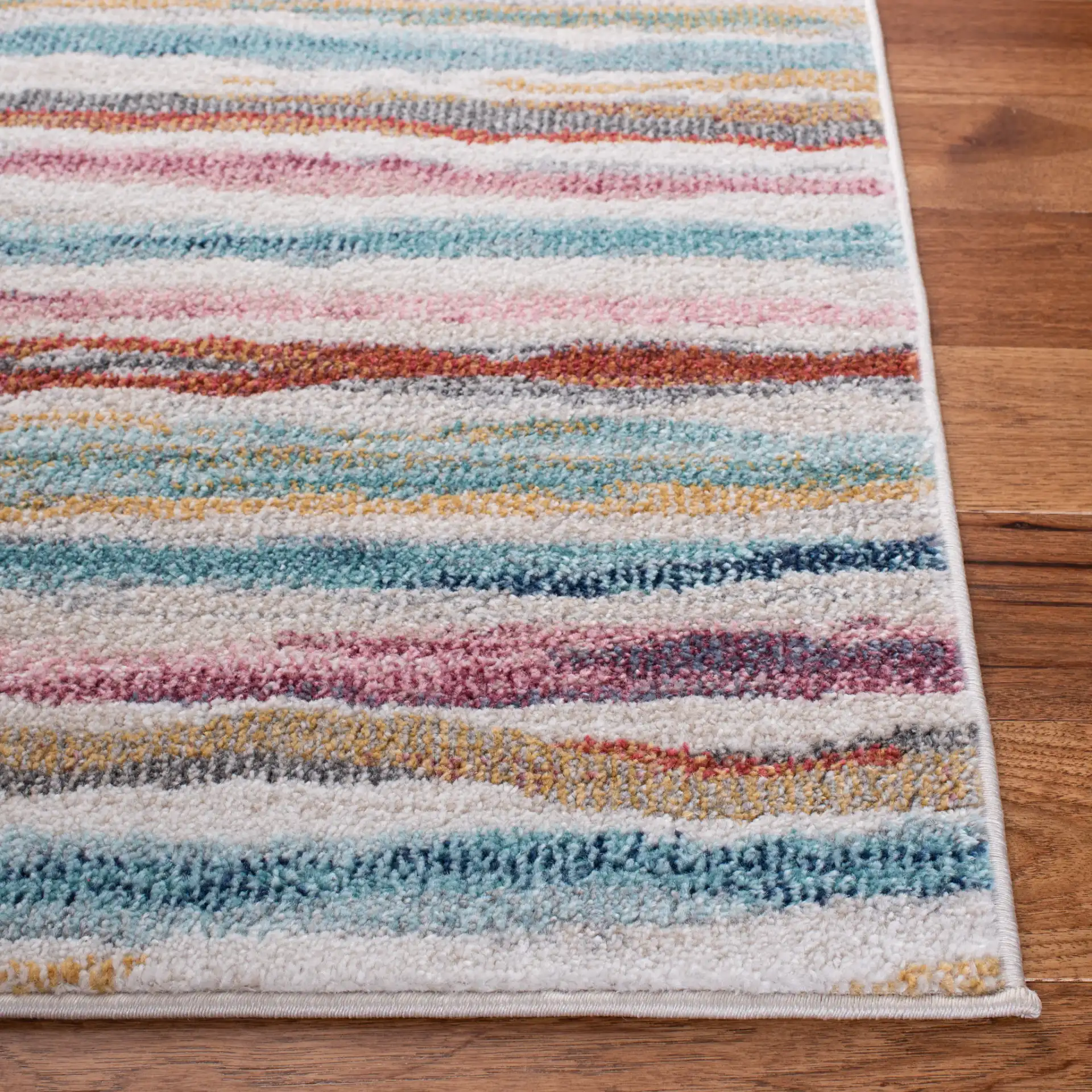 Phoenix Painterly Stripe Rug in Ivory / Blue in a styled room
