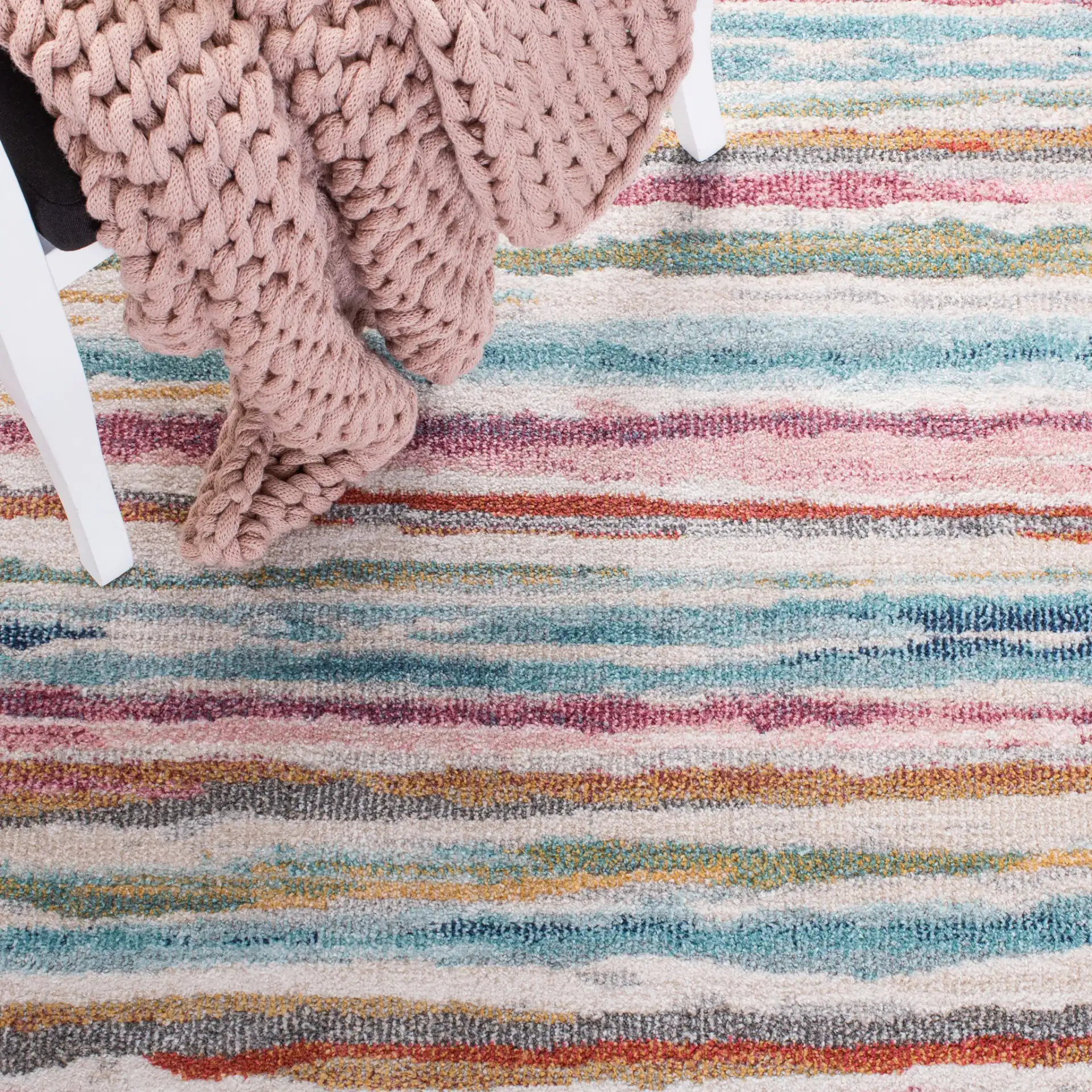 Phoenix Painterly Stripe Rug in Ivory / Blue in a styled room