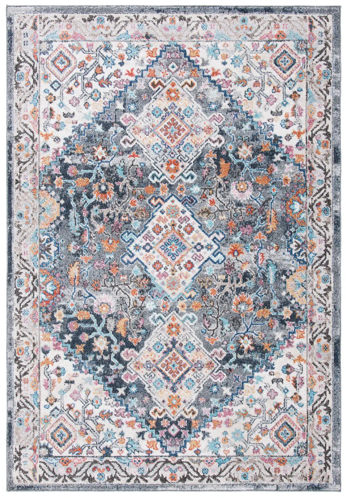 Phoenix Medallion Border Rug in Ivory / Gray