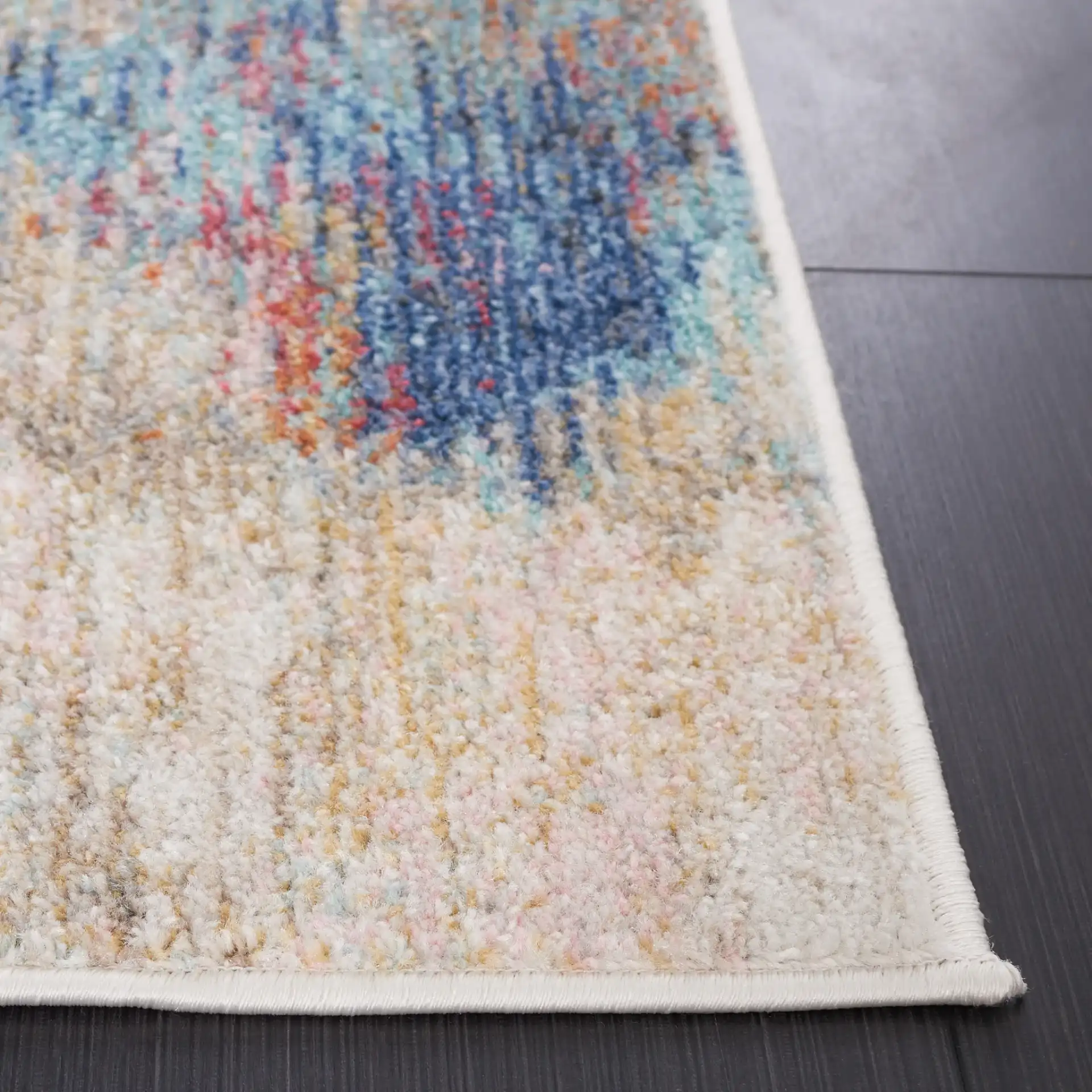 Phoenix Abstract Painterly Rug in Aqua / Gold Rose in a styled room