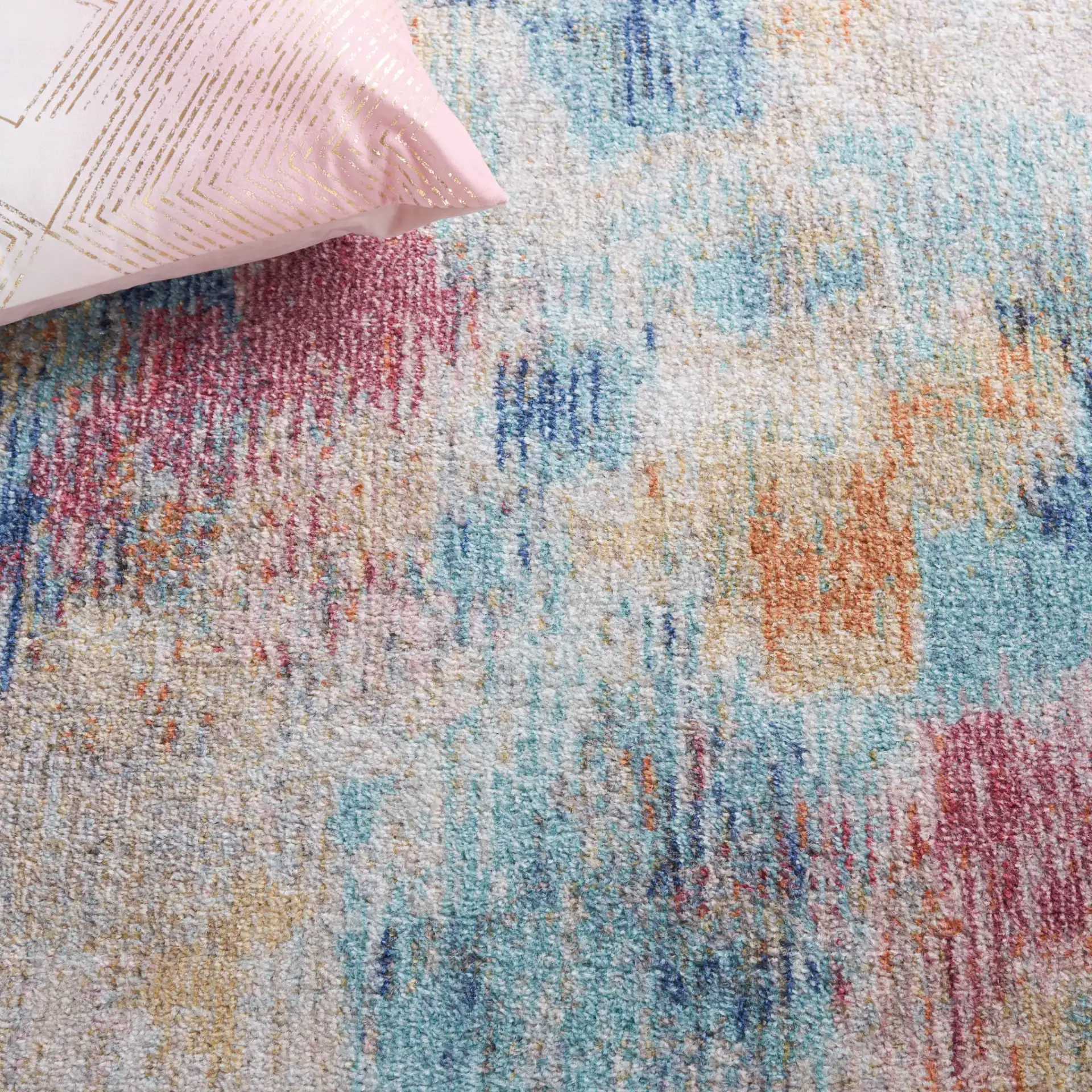 Phoenix Abstract Painterly Rug in Aqua / Gold Rose in a styled room