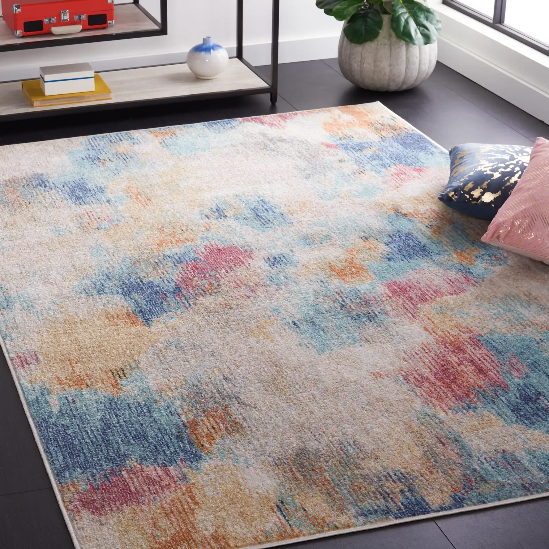 Phoenix Abstract Painterly Rug in Aqua / Gold Rose in a styled room