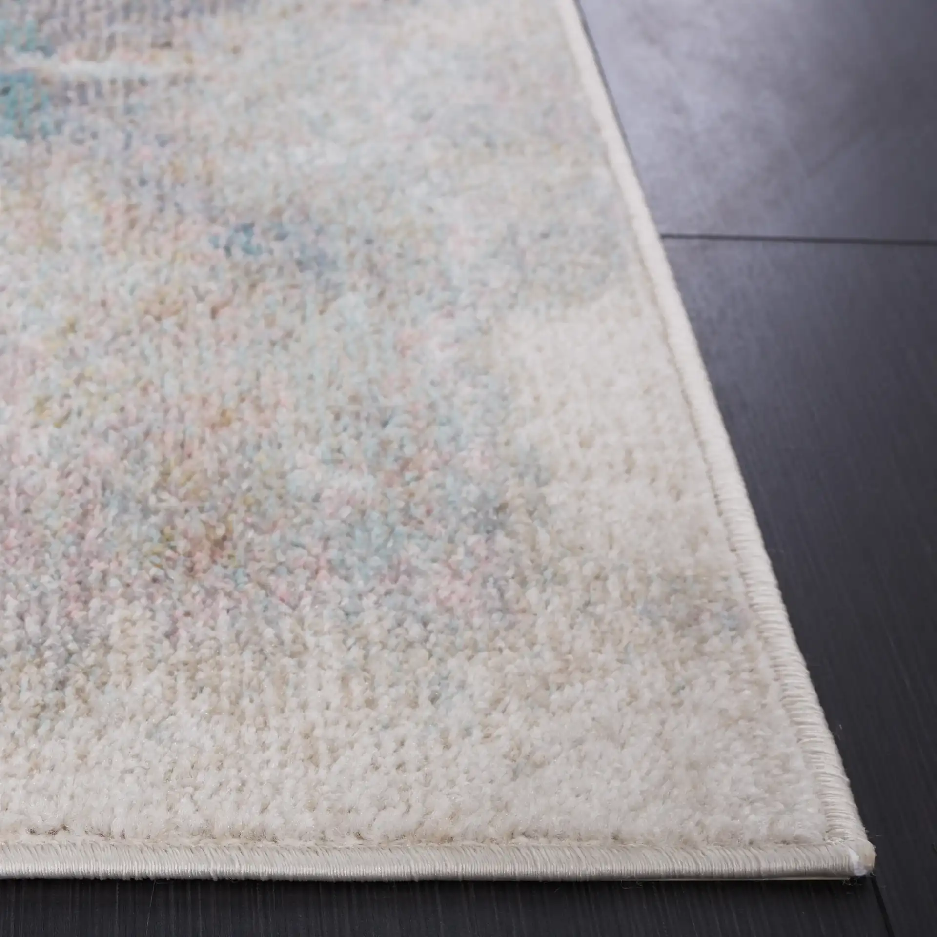 Phoenix Abstract Rug in Aqua / Gold Rust in a styled room