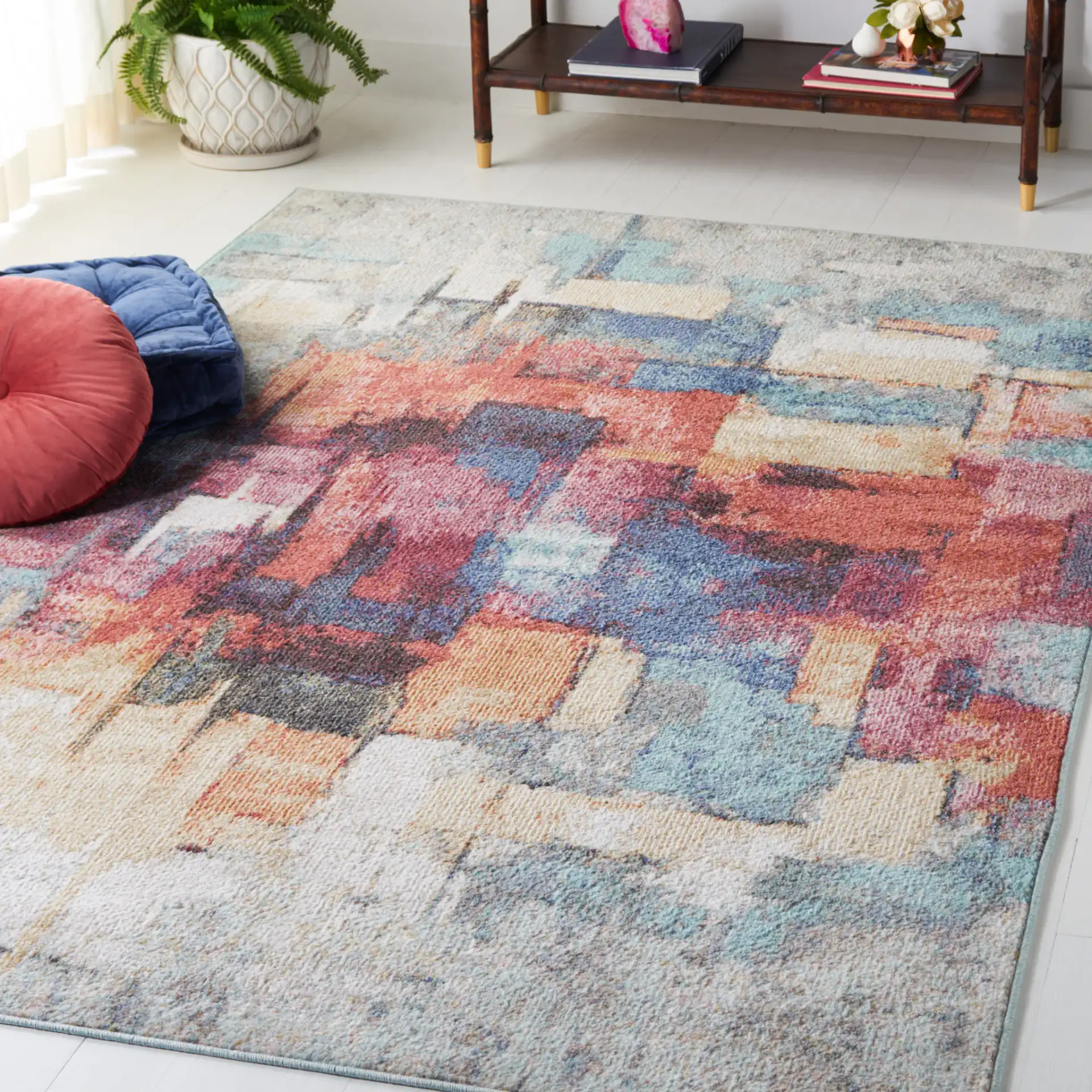 Phoenix Painterly Block Rug in Rust Blue / Ivory in a styled room