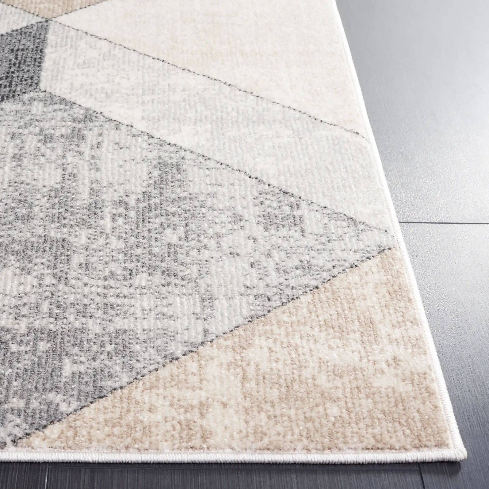 Phoenix Geometric Cube Rug in Light Gray / Beige Charcoal in a styled room