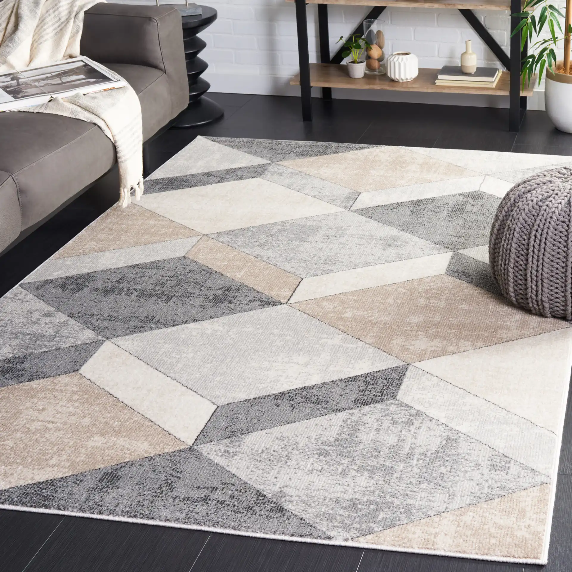 Phoenix Geometric Cube Rug in Light Gray / Beige Charcoal in a styled room