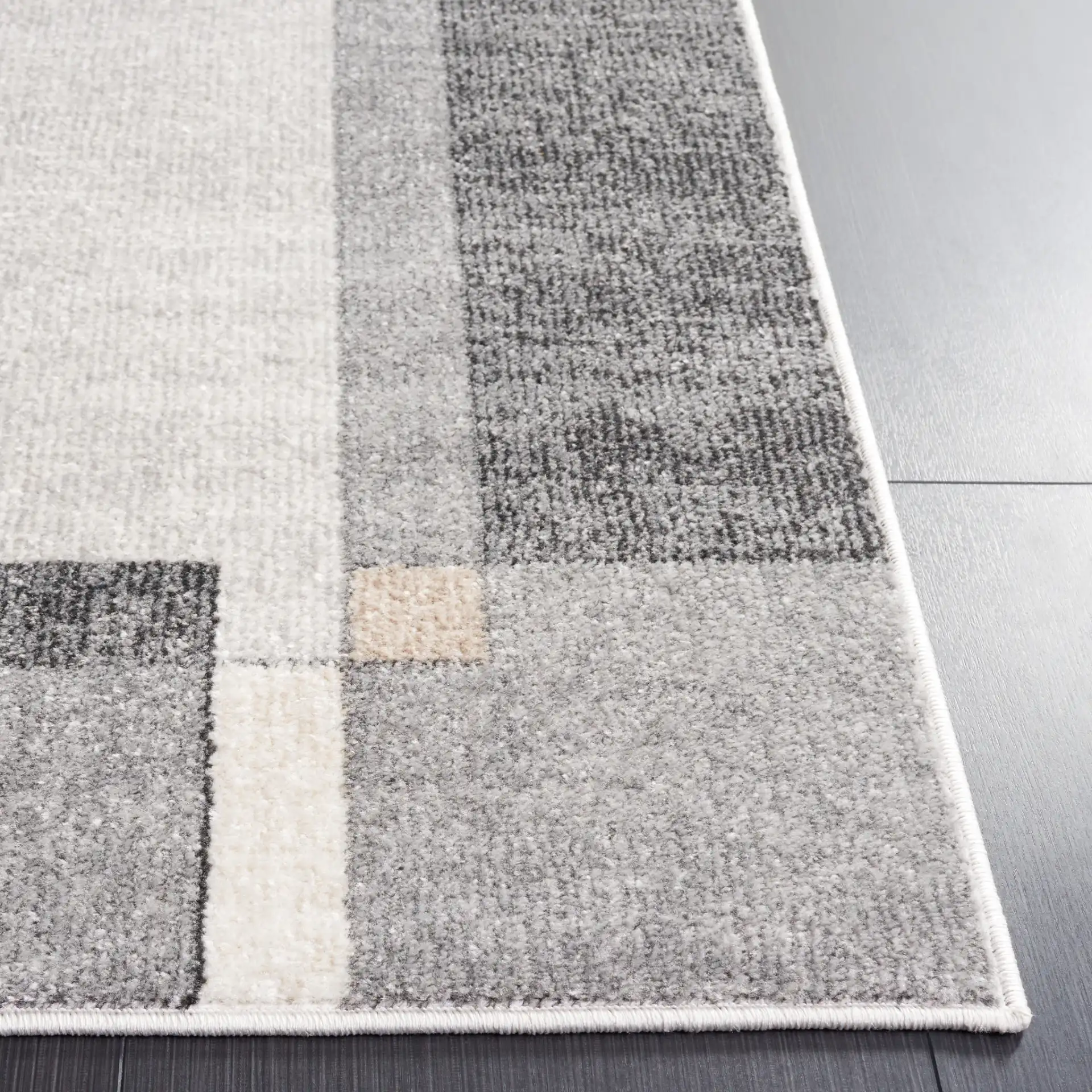 Phoenix Block Border Rug in Light Gray / Beige Charcoal in a styled room