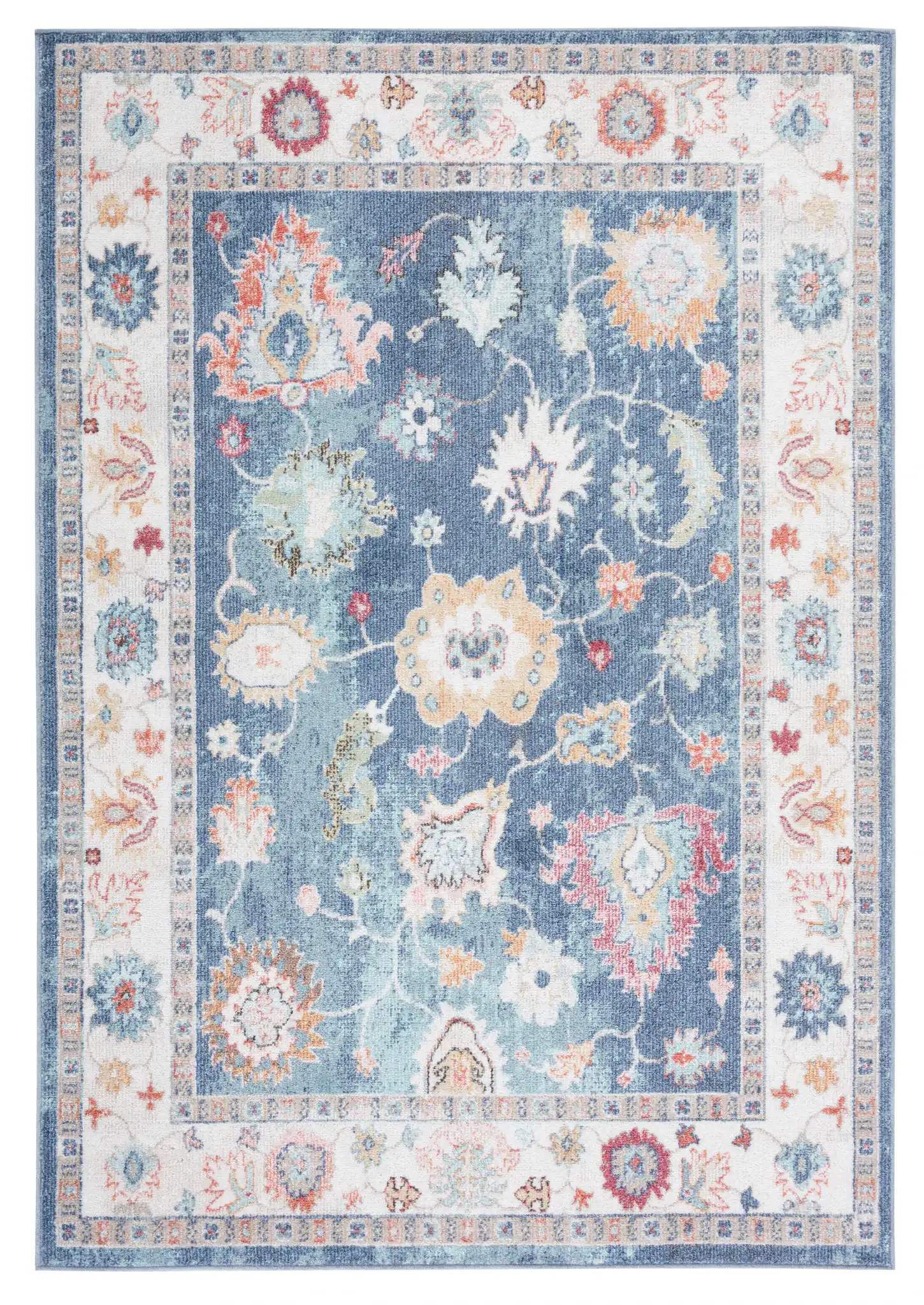 Phoenix Floral Bordered Rug in Navy / Ivory