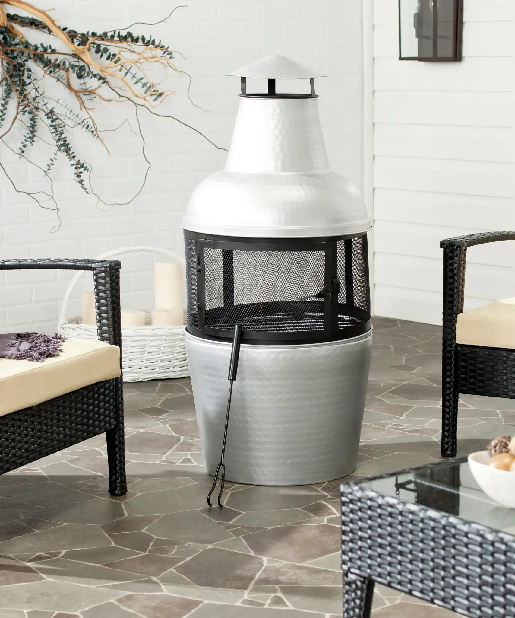 Cartagena Fire Pit in Silver / Black in a styled room