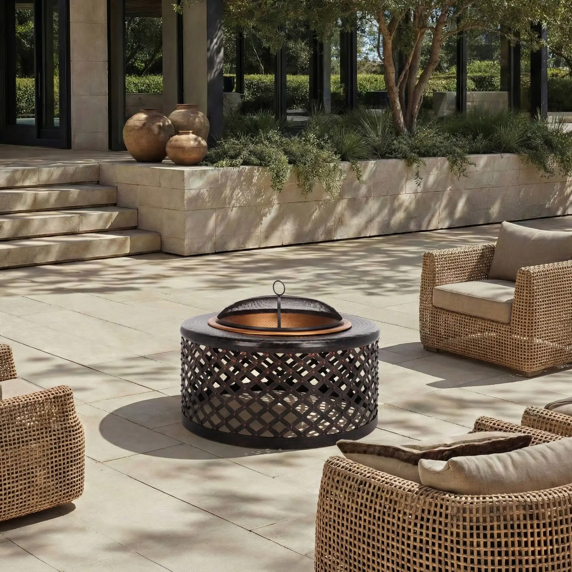 Jamaica Fire Pit in Copper / Black in a styled room
