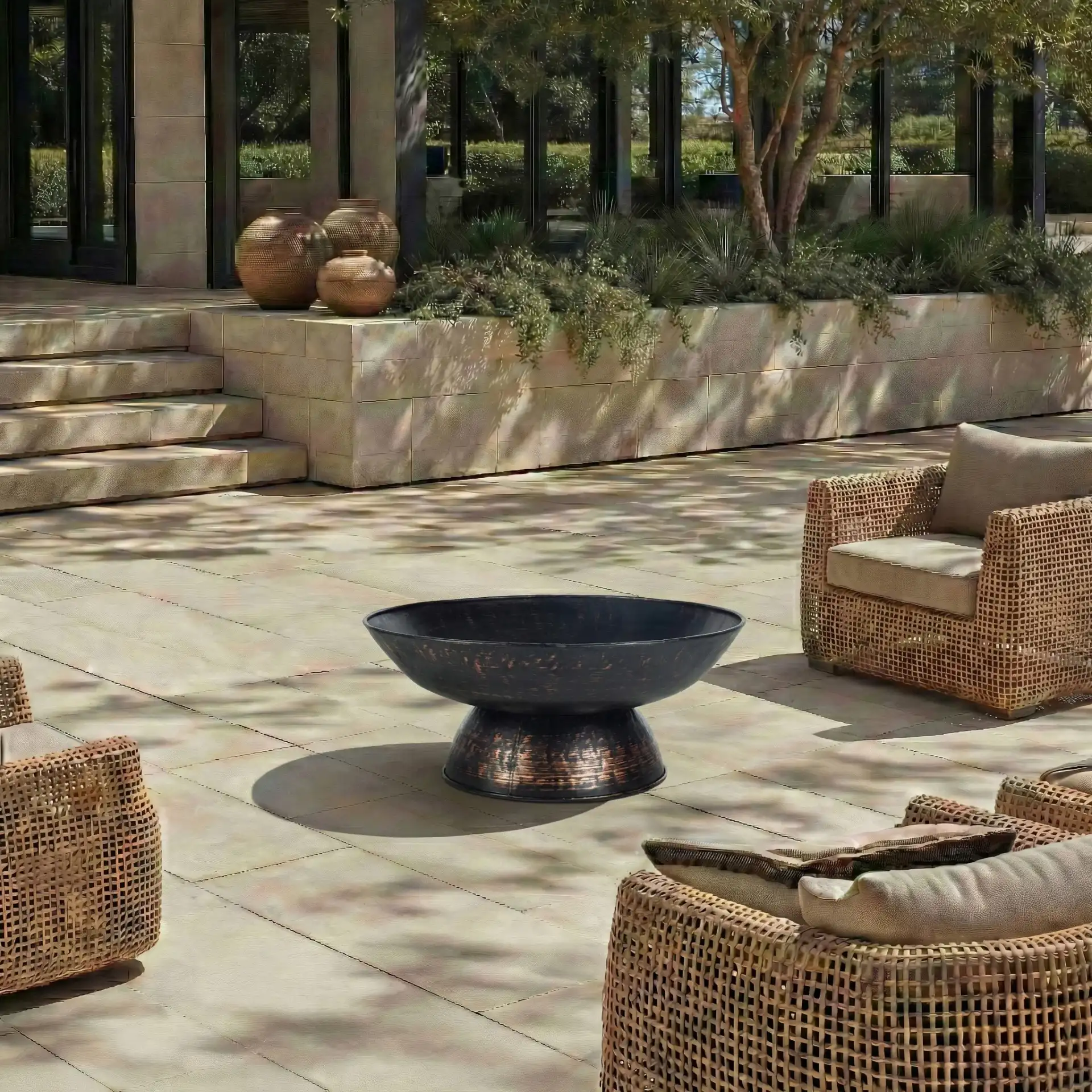 Grenada Fire Pit in Black in a styled room