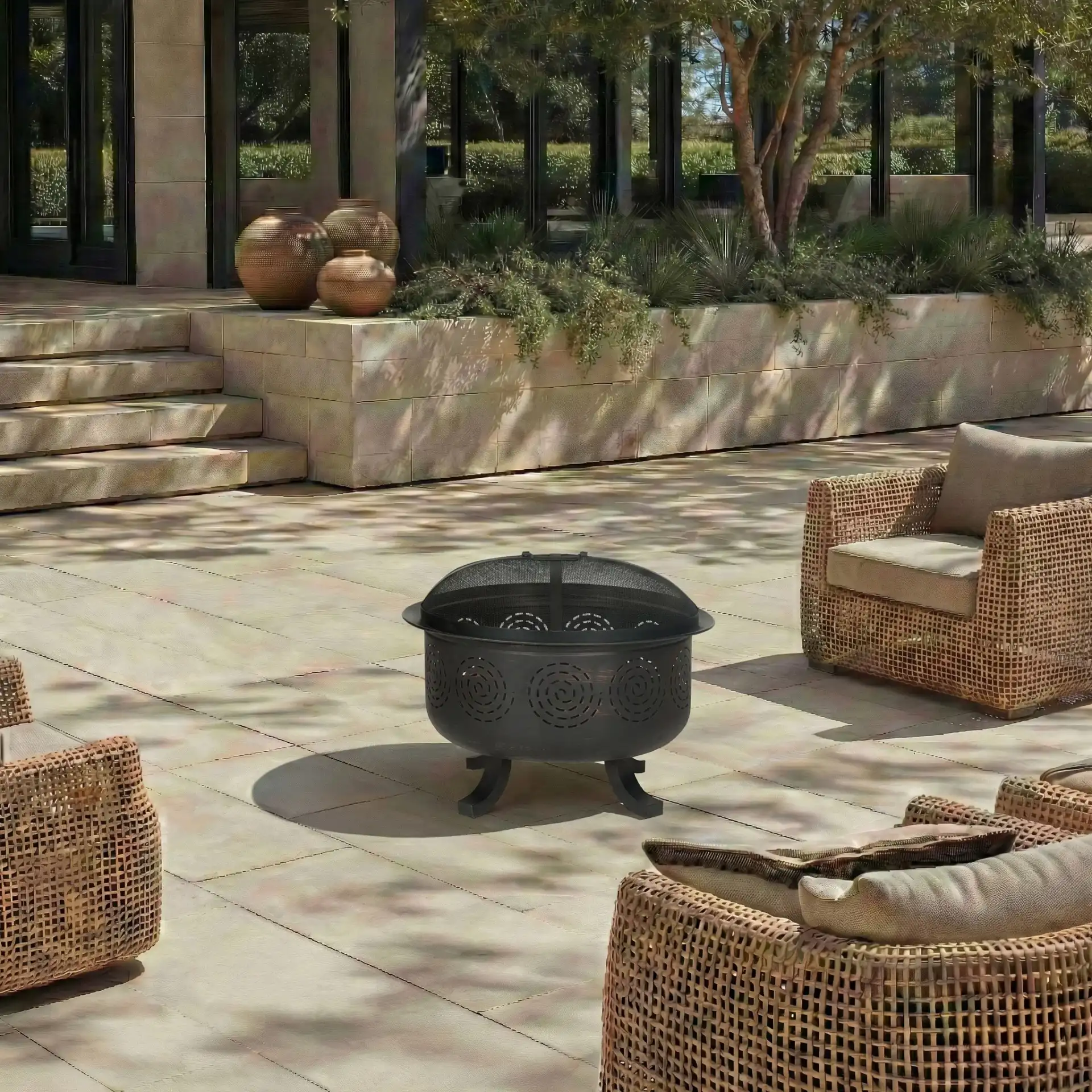 Negril Fire Pit in Copper / Black in a styled room