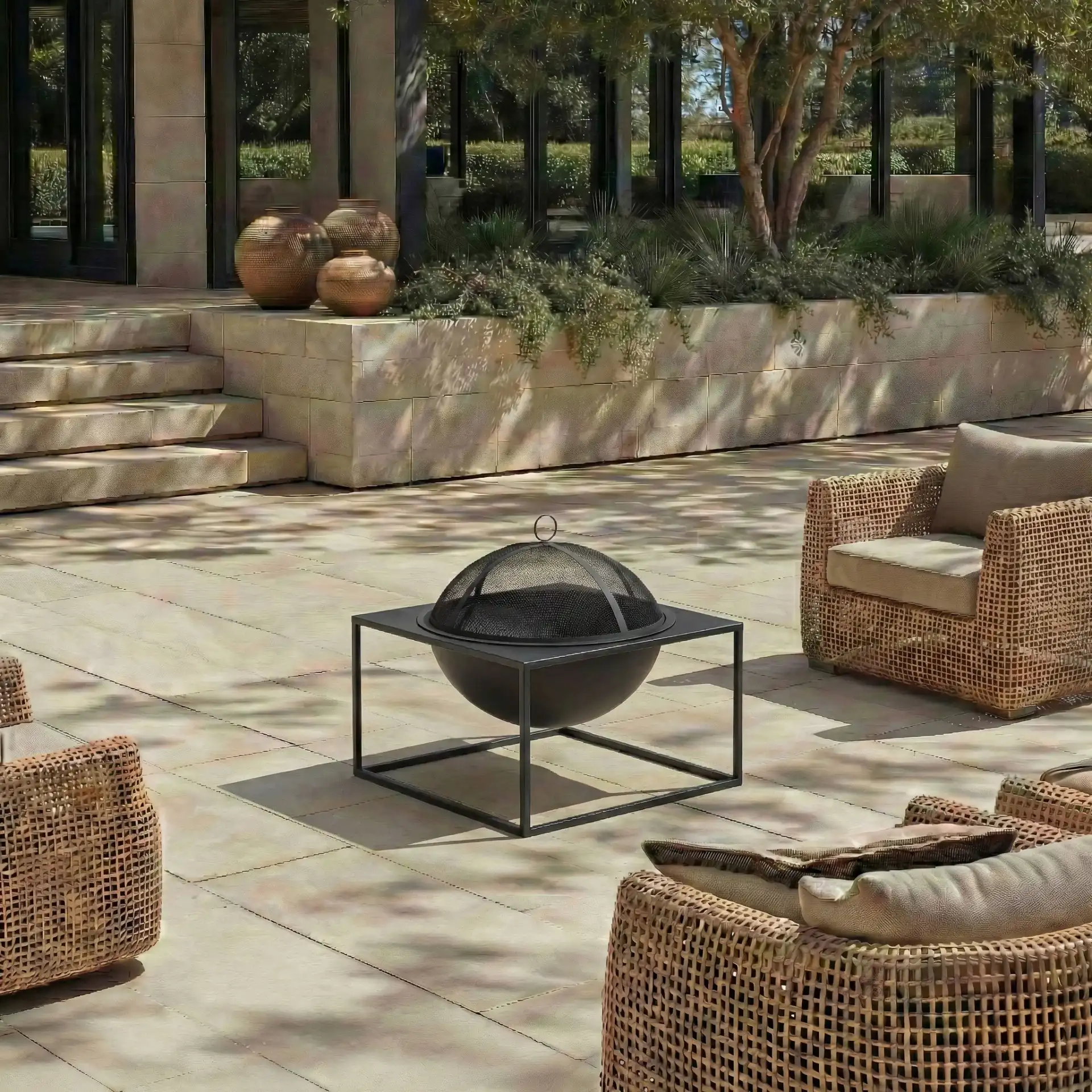 Leros Square Fire Pit in Black in a styled room