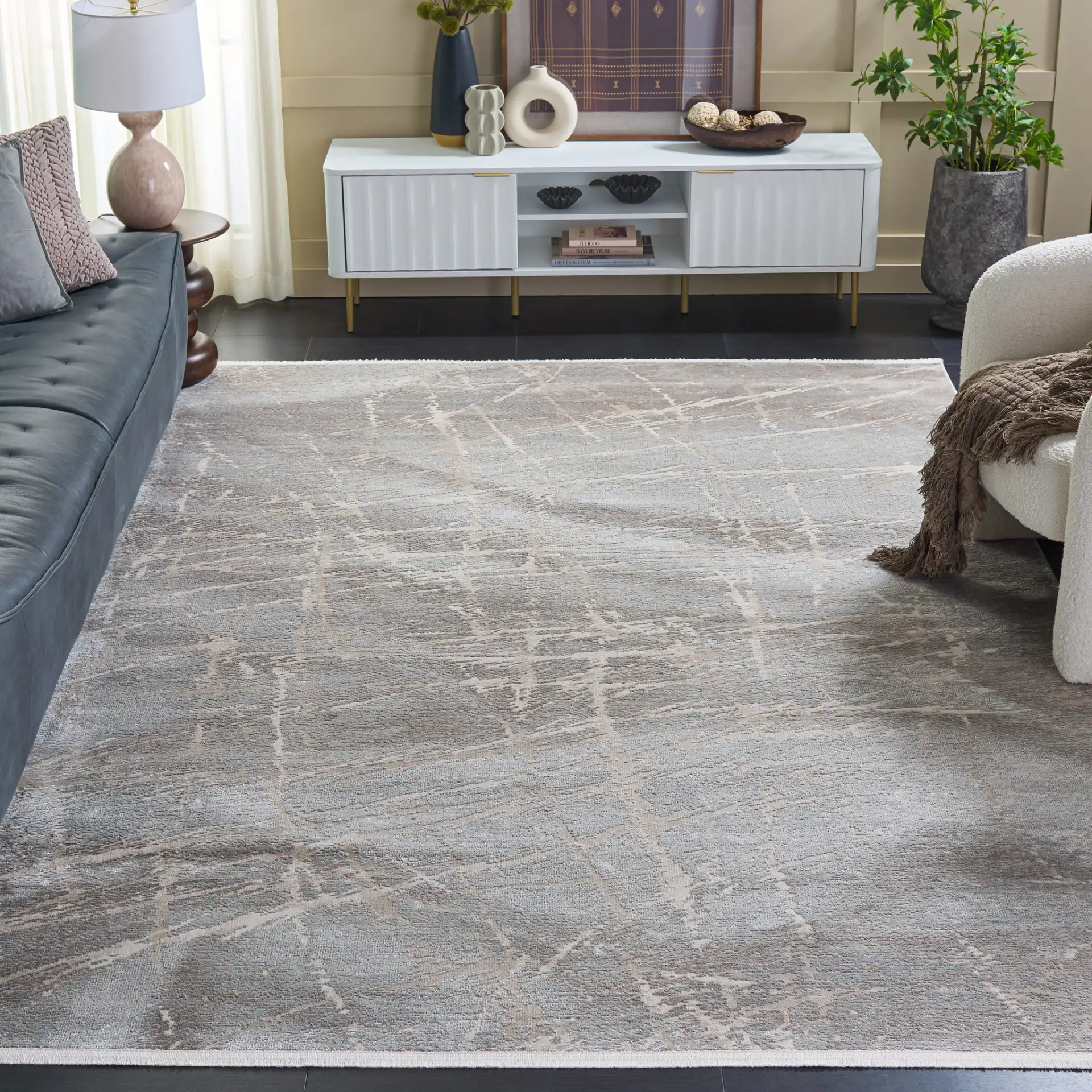 Platinum Marble Rug in Gray / Light Gray in a styled room