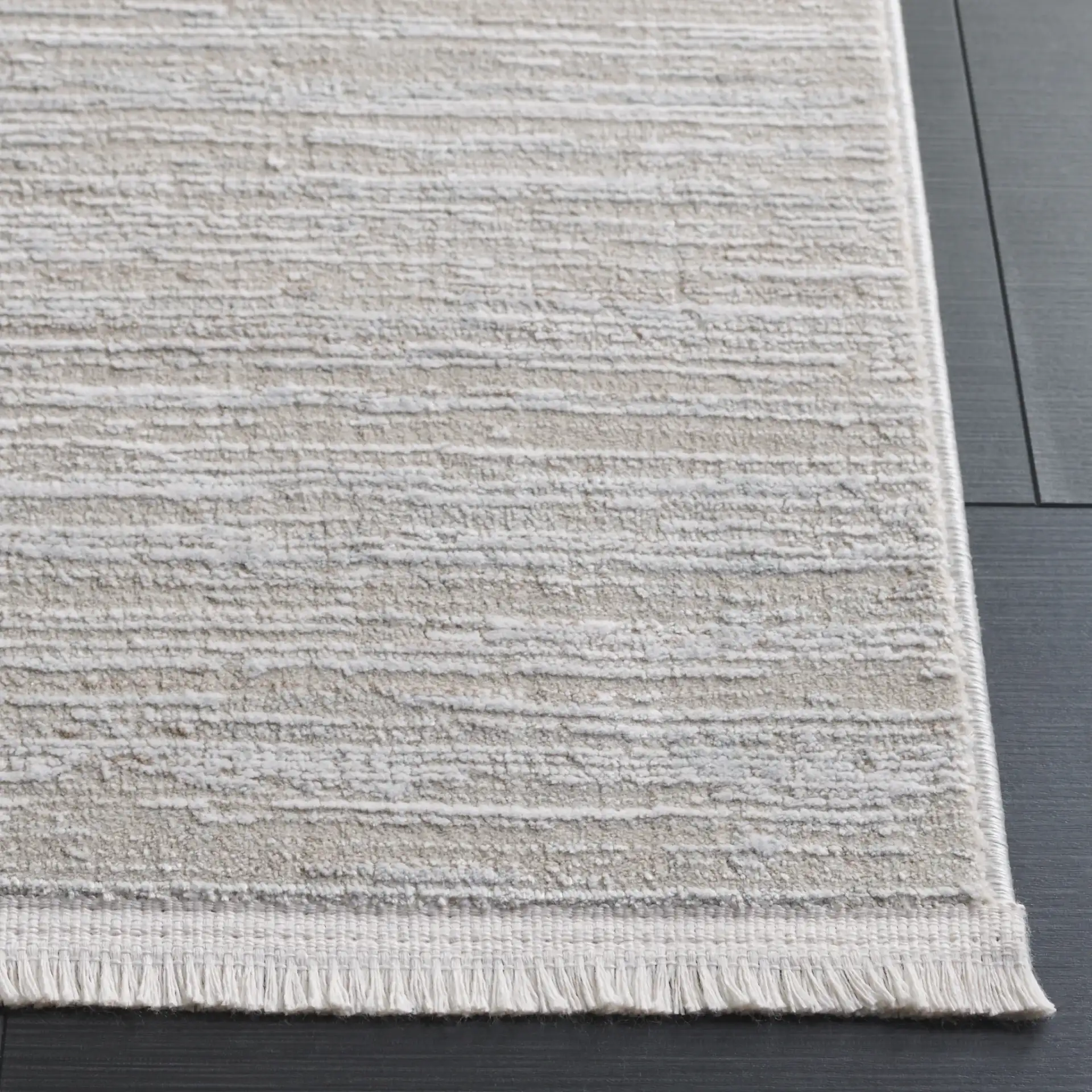 Platinum Striated Rug in Beige / Ivory in a styled room