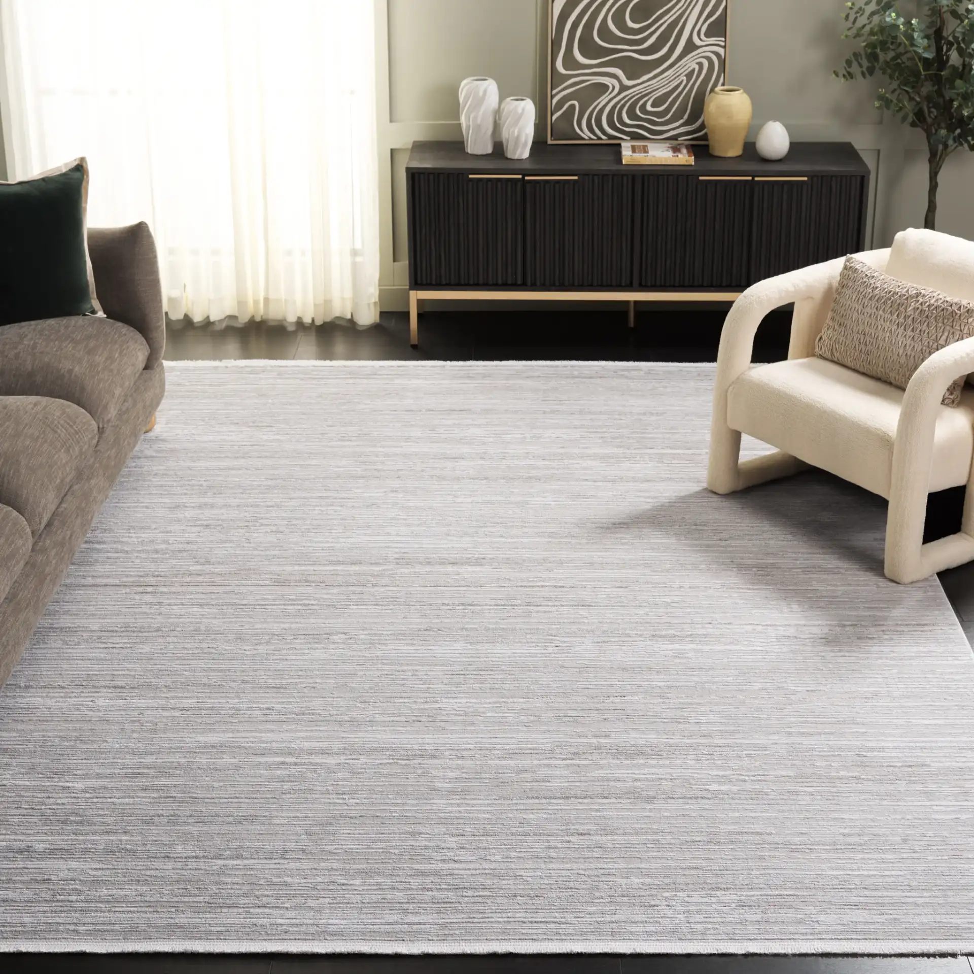 Platinum Striated Rug in Beige / Ivory in a styled room