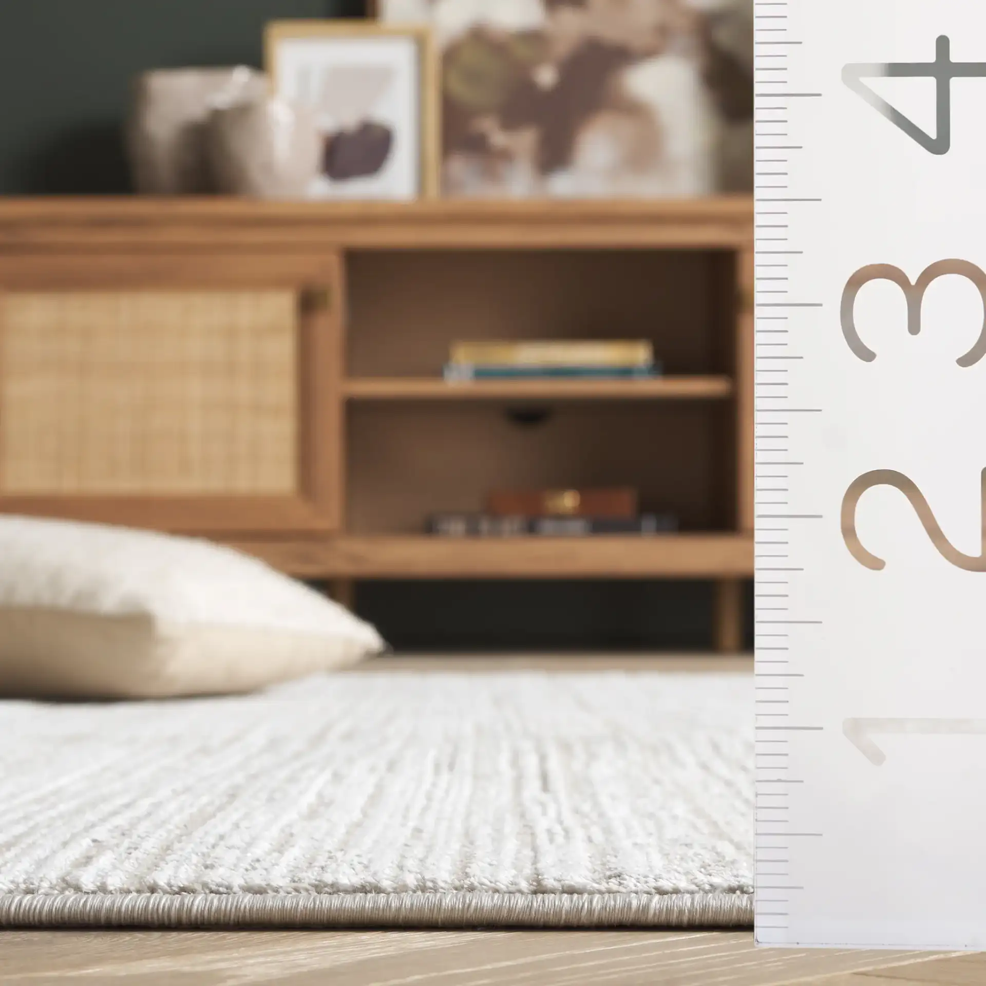 Platinum Linear Stripe Rug in Beige / Ivory in a styled room