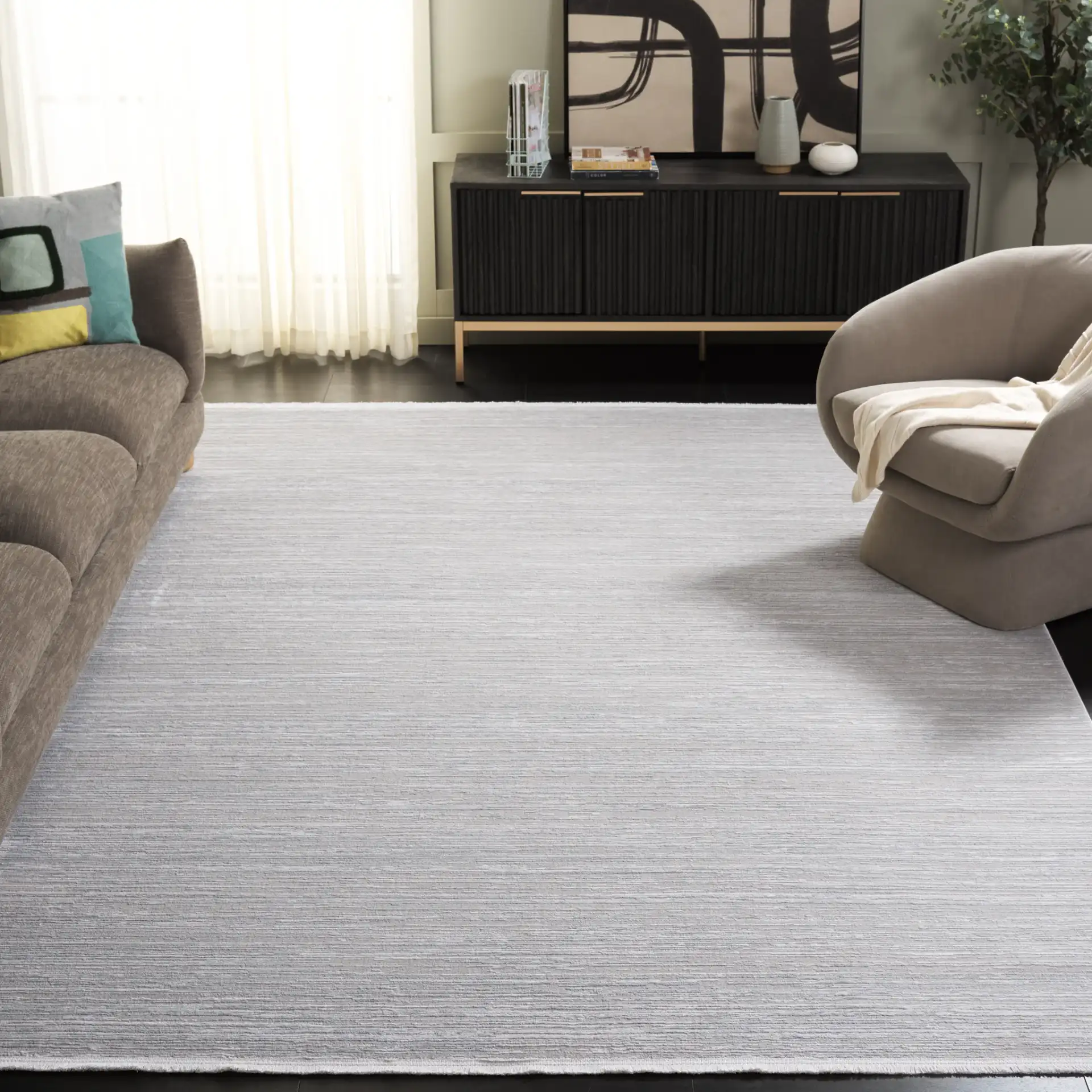 Platinum Linear Stripe Rug in Beige / Ivory in a styled room