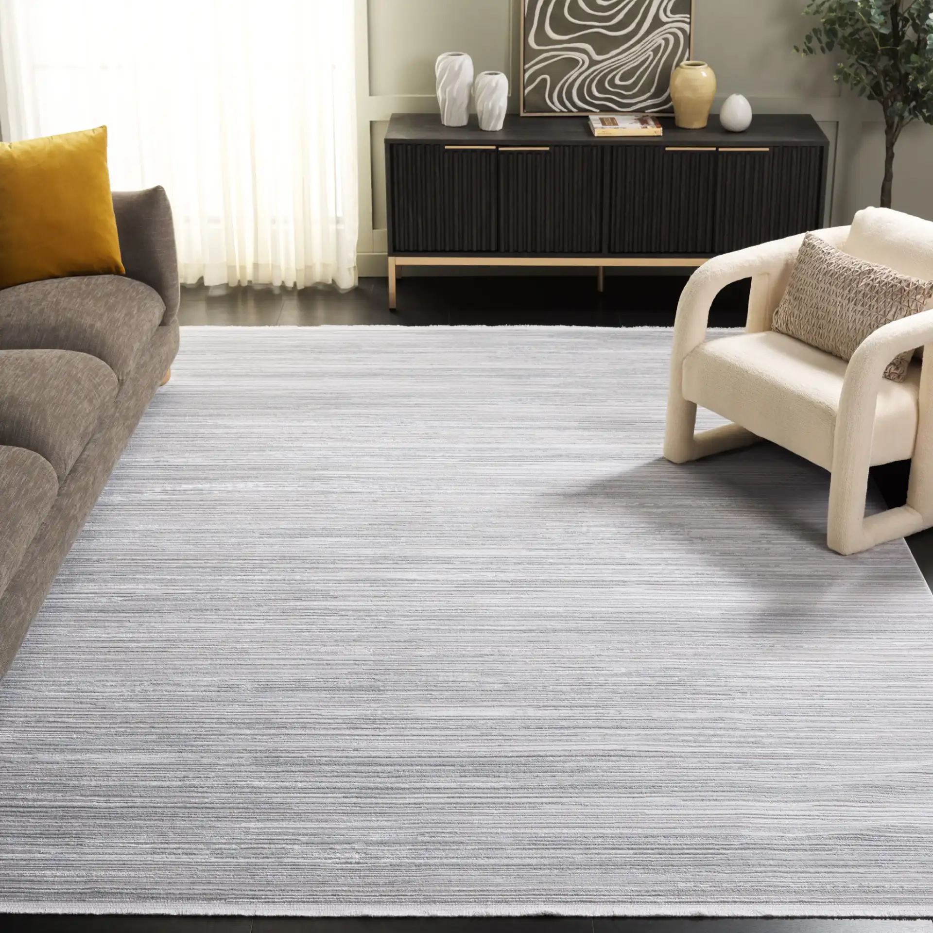 Platinum Fine Stripe Rug in Ivory / Beige in a styled room