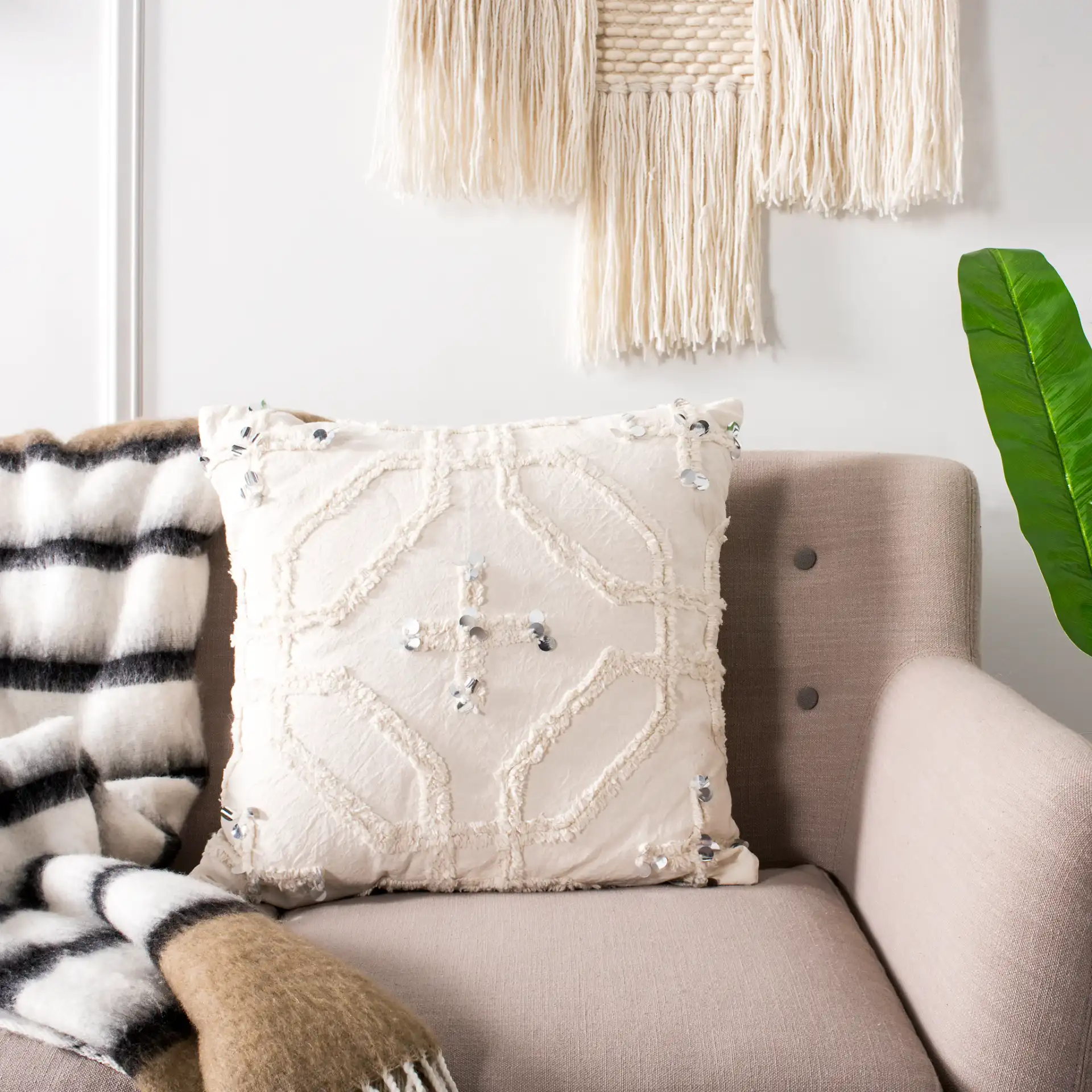 Daphne 20-Inch Pillow in White in a styled room