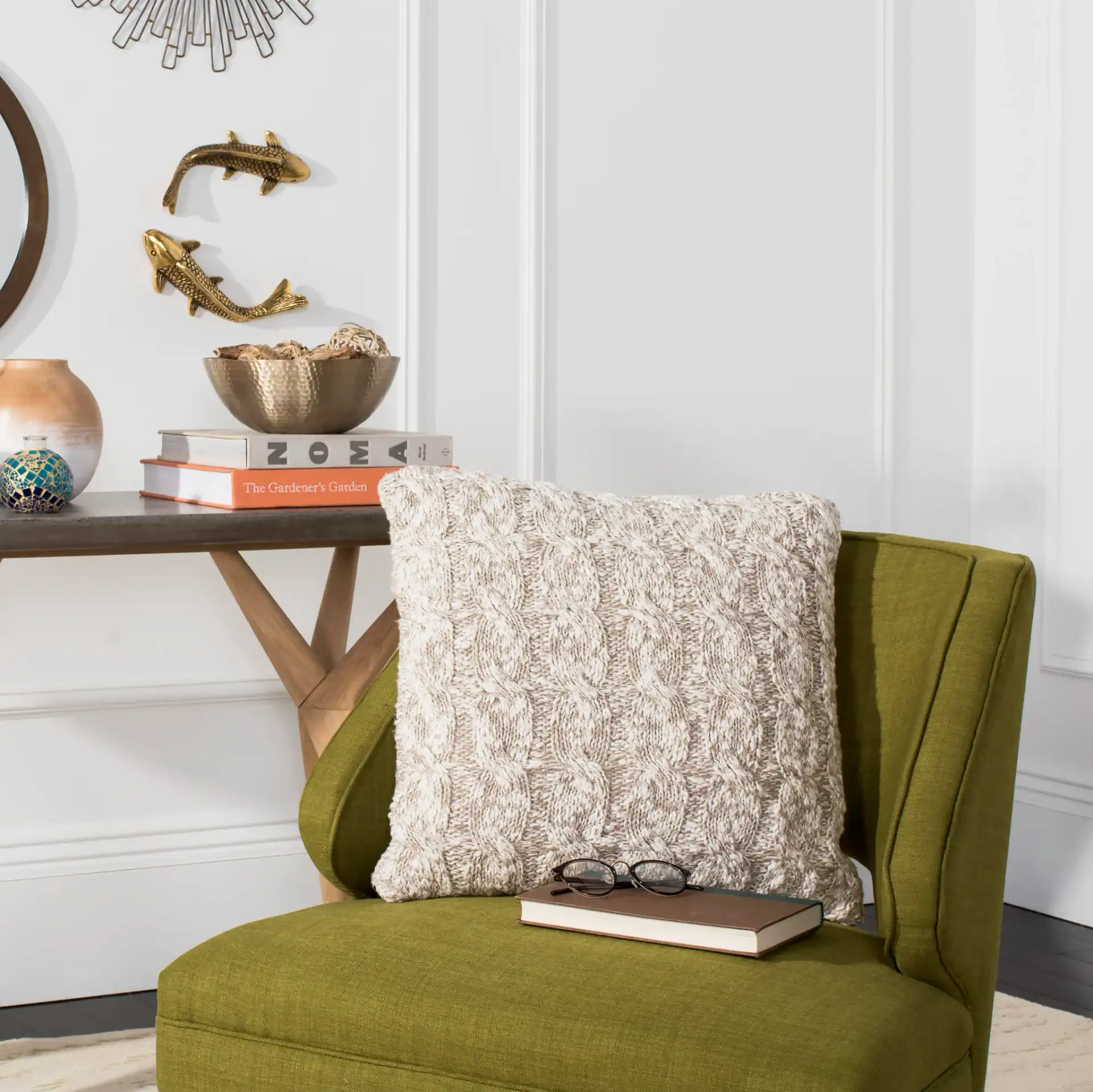 Chunky Knit Pillow in Stone / Natural in a styled room