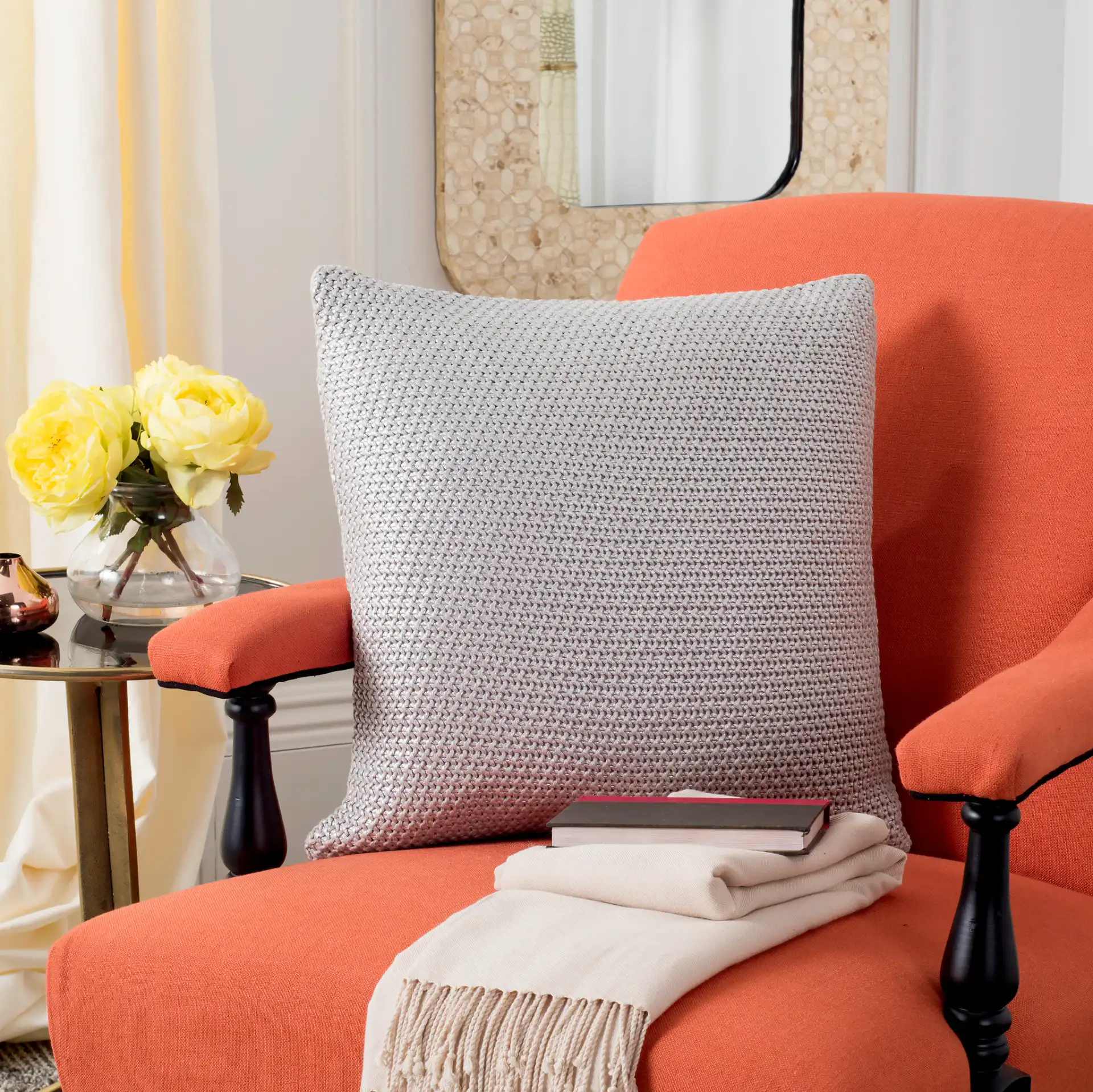 Tickled Grey Knit Pillow in Gray / Silver / Cotton in a styled room