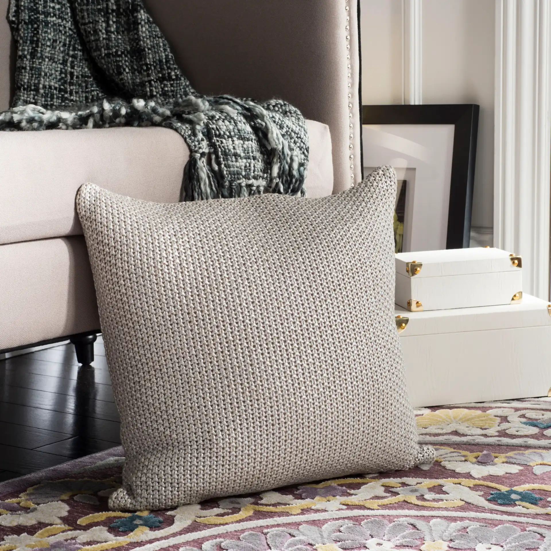 Tickled Grey Knit Pillow in Gray / Silver / Cotton, detail view