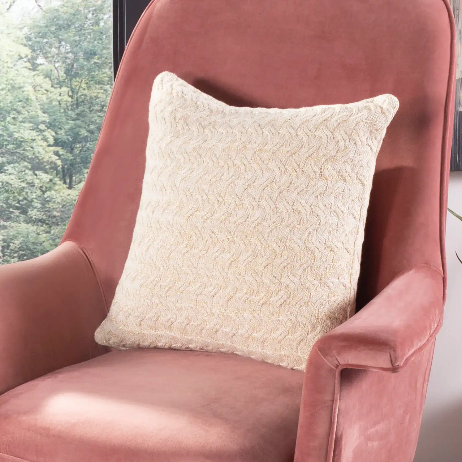 Adara Knit Pillow in Natural / Gold in a styled room