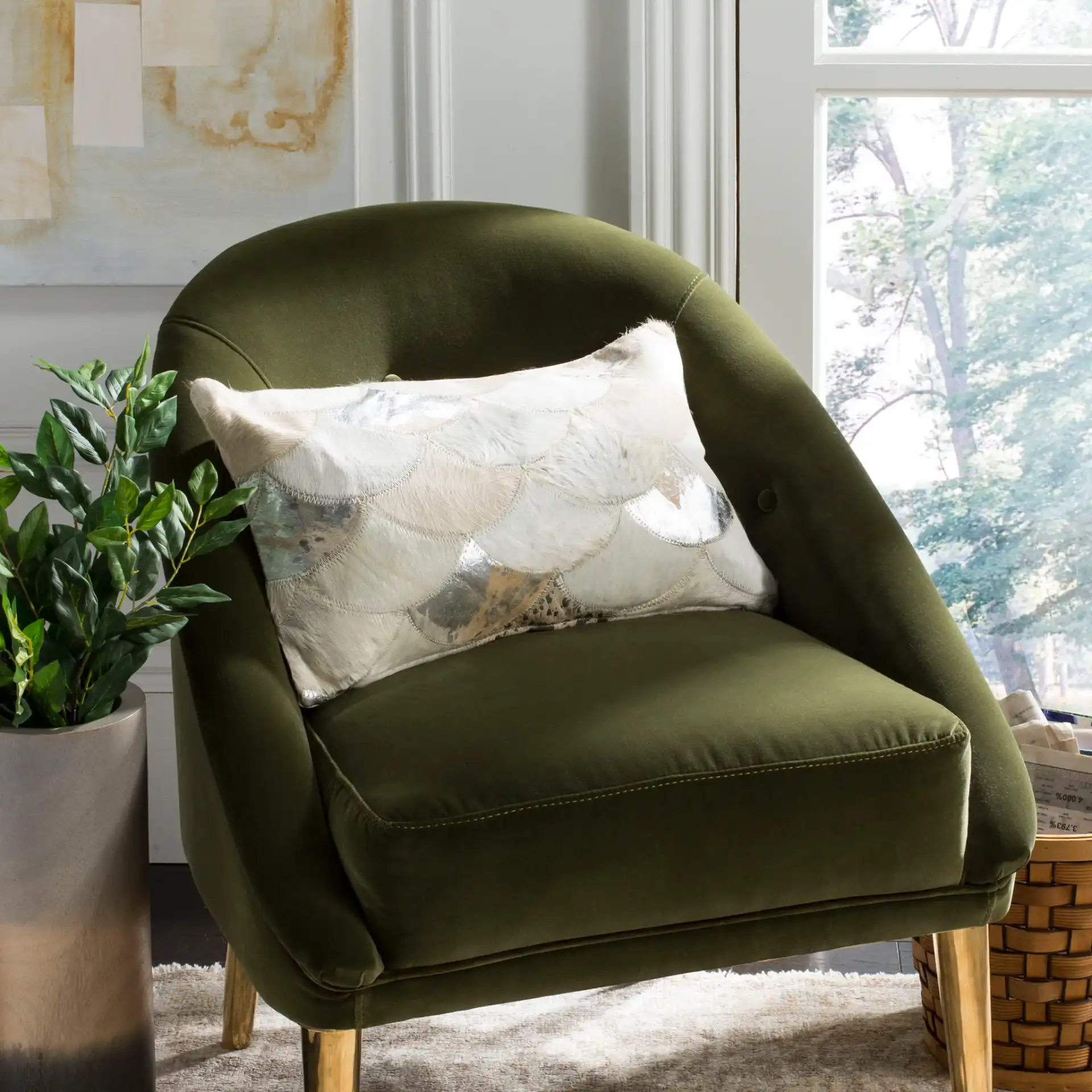 Metallic Scale Cowhide Pillow in Teal in a styled room
