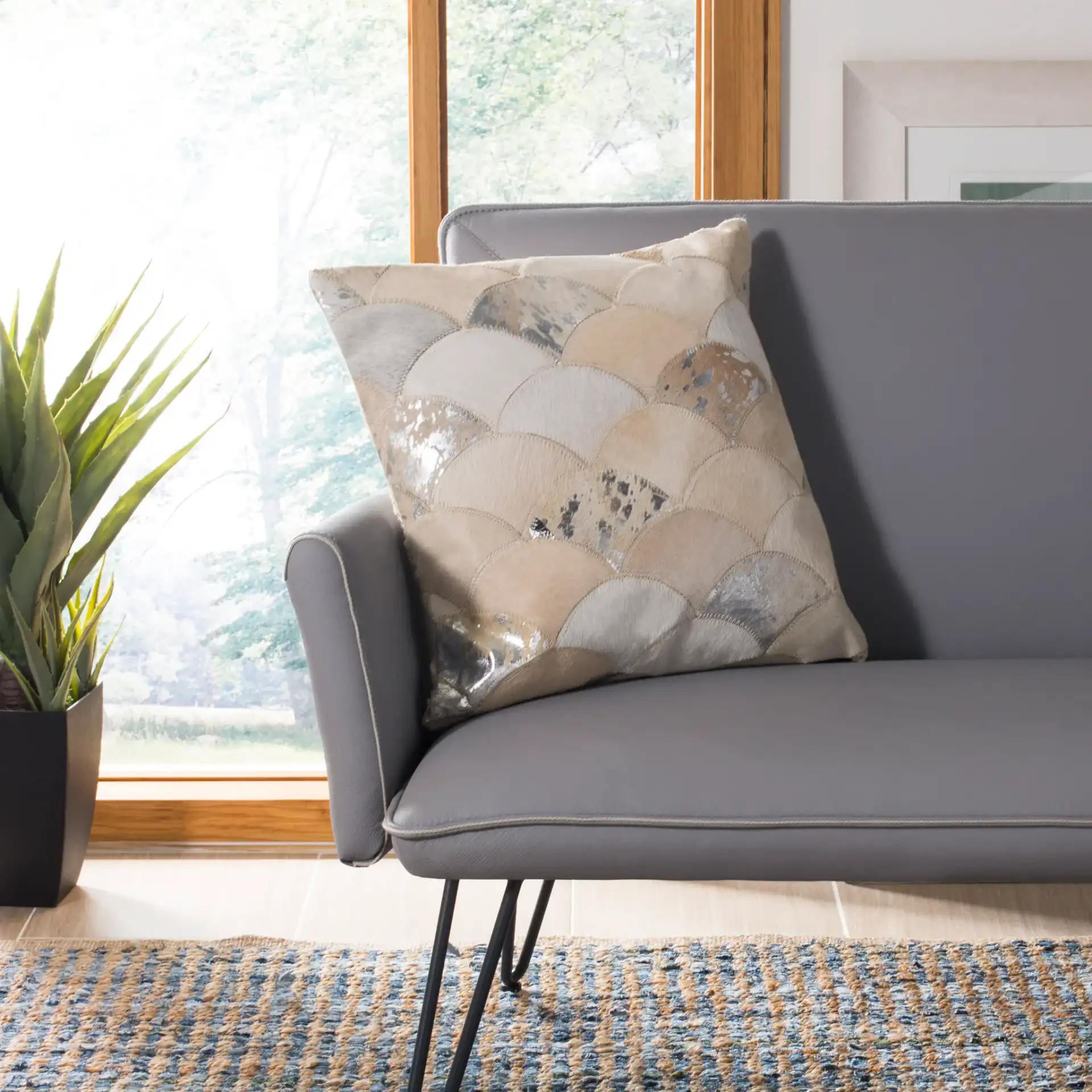 Metallic Scale Cowhide Pillow in Teal in a styled room