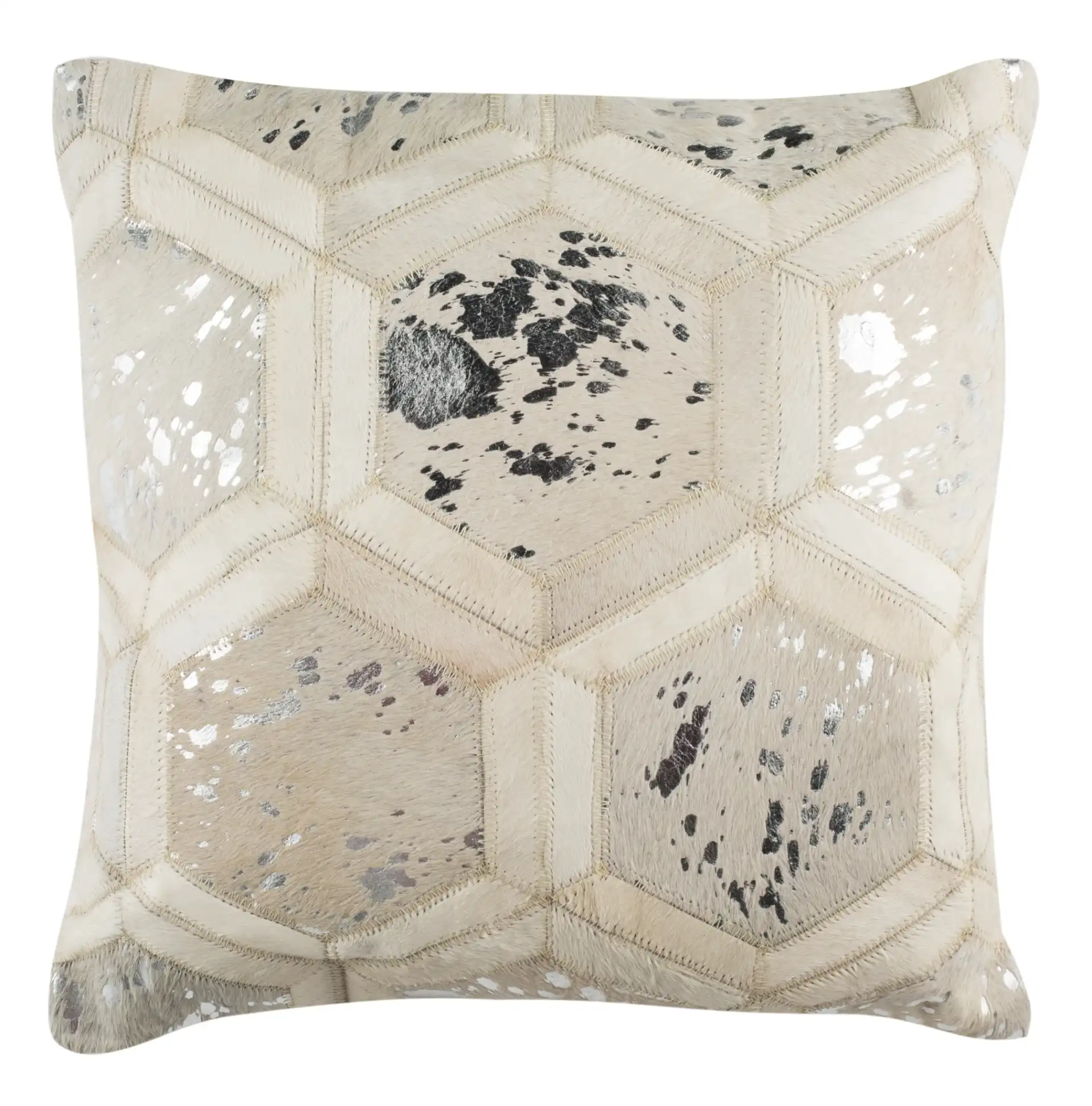 Maggie Metallic Cowhide Pillow in White / Silver