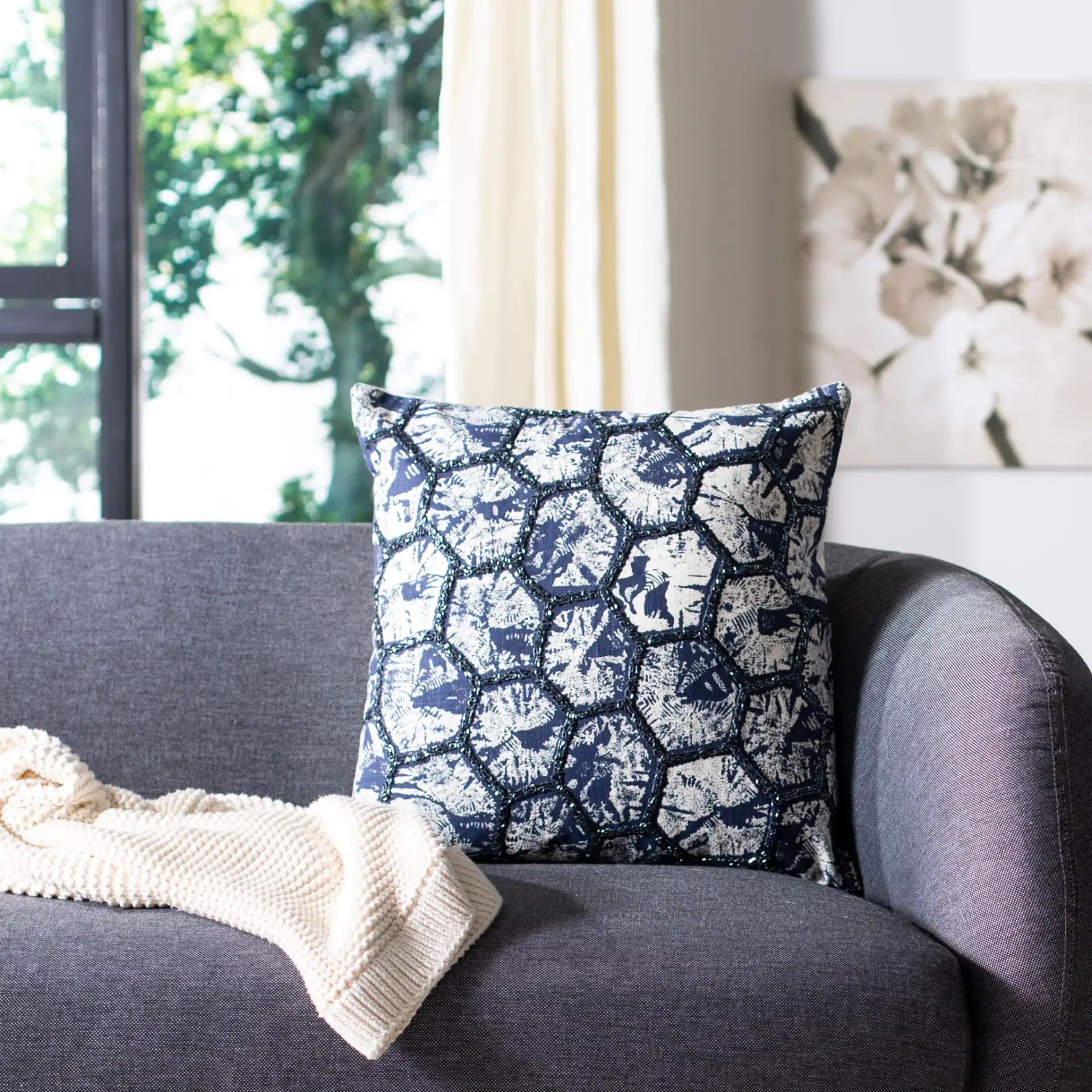 Delra Pillow in Navy Blue / White in a styled room