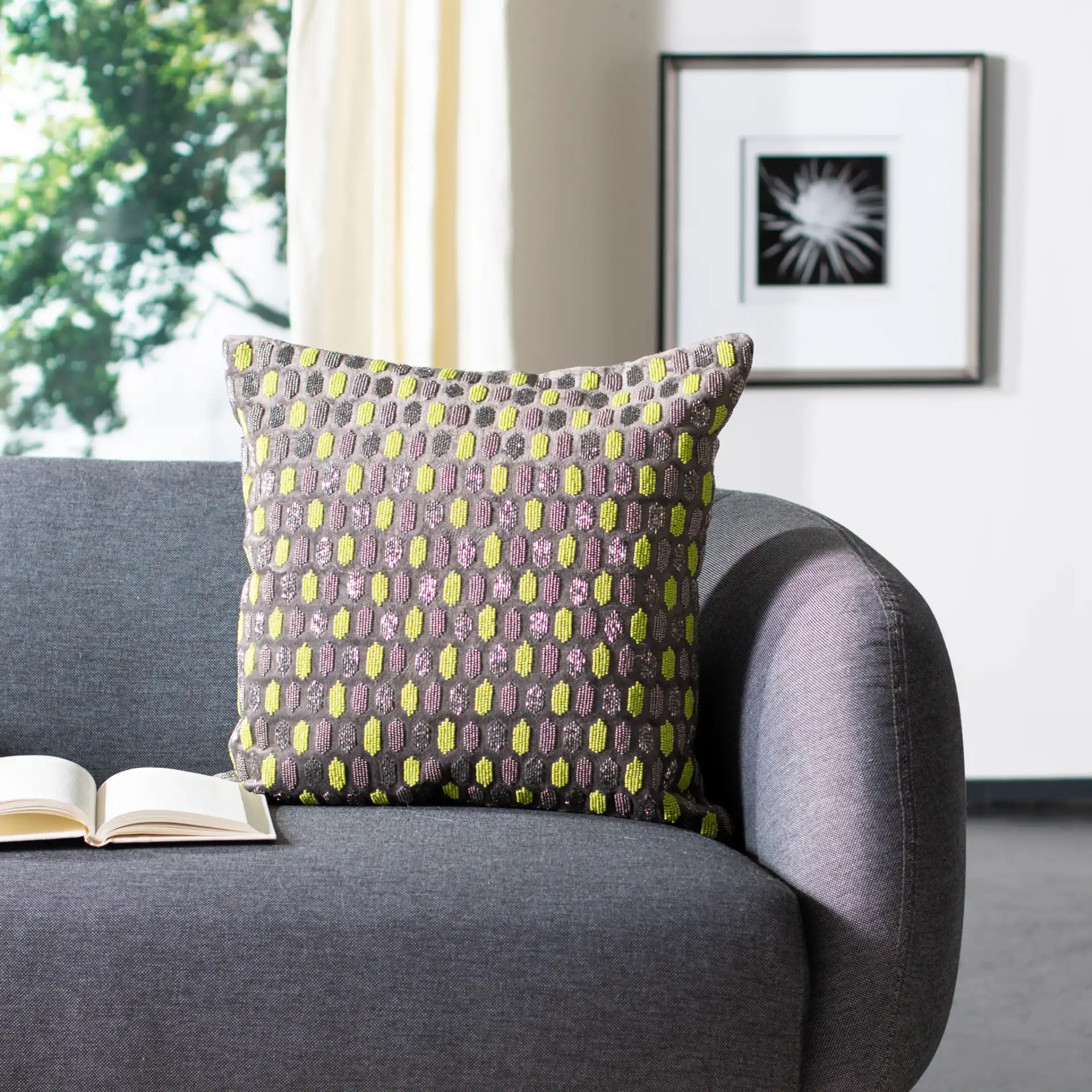 Reston Pillow in Green / Gray in a styled room