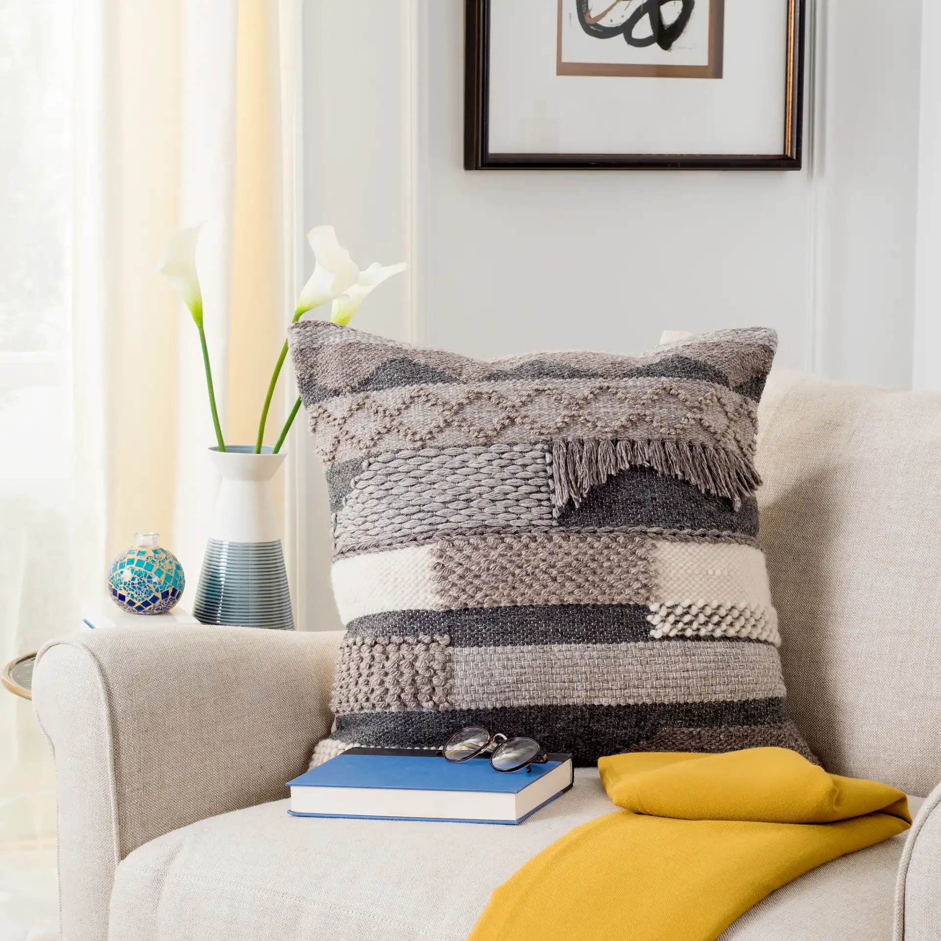 Gareth 20-Inch Pillow in Charcoal / Silver in a styled room