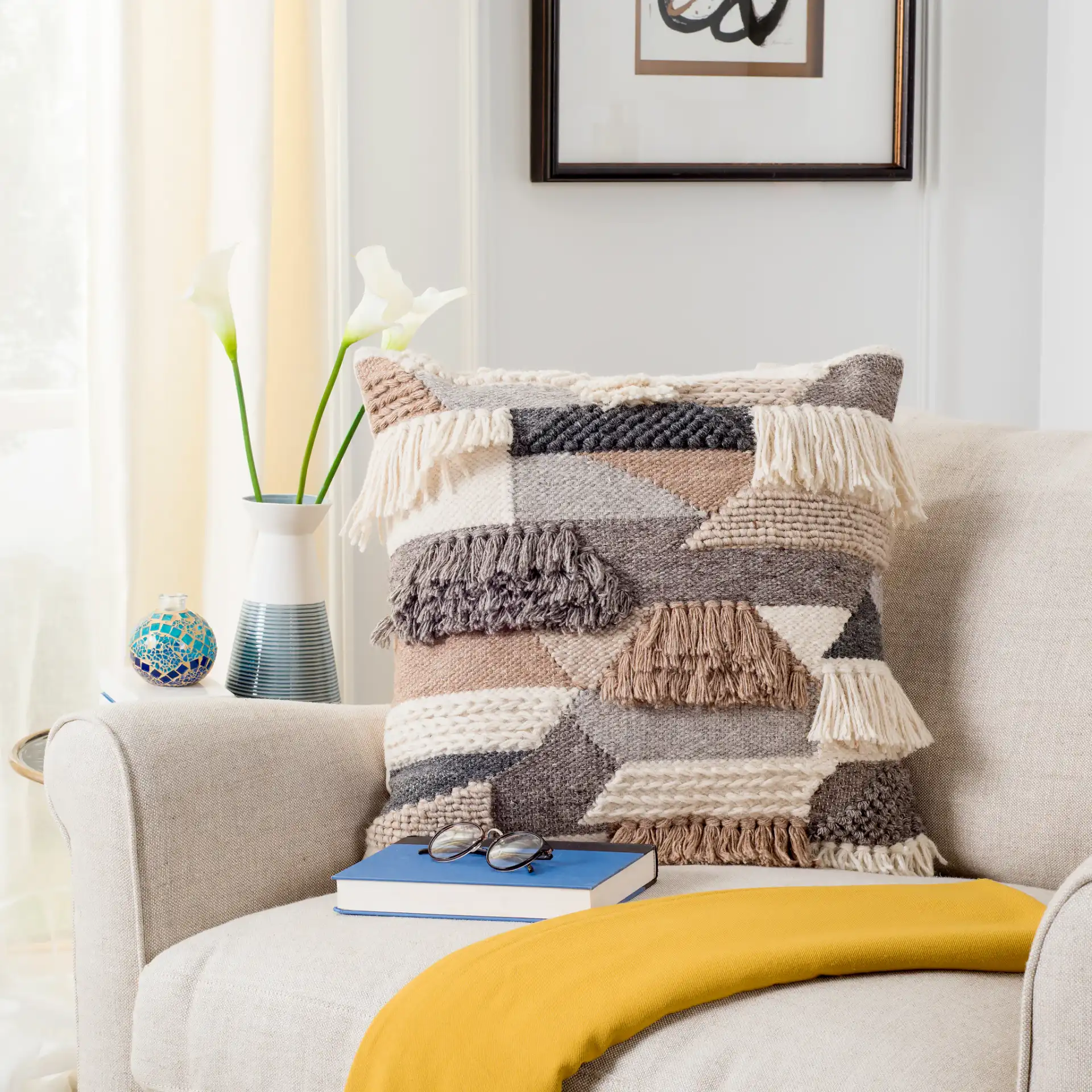 Honor 20-Inch Pillow in Gray / Ivory in a styled room