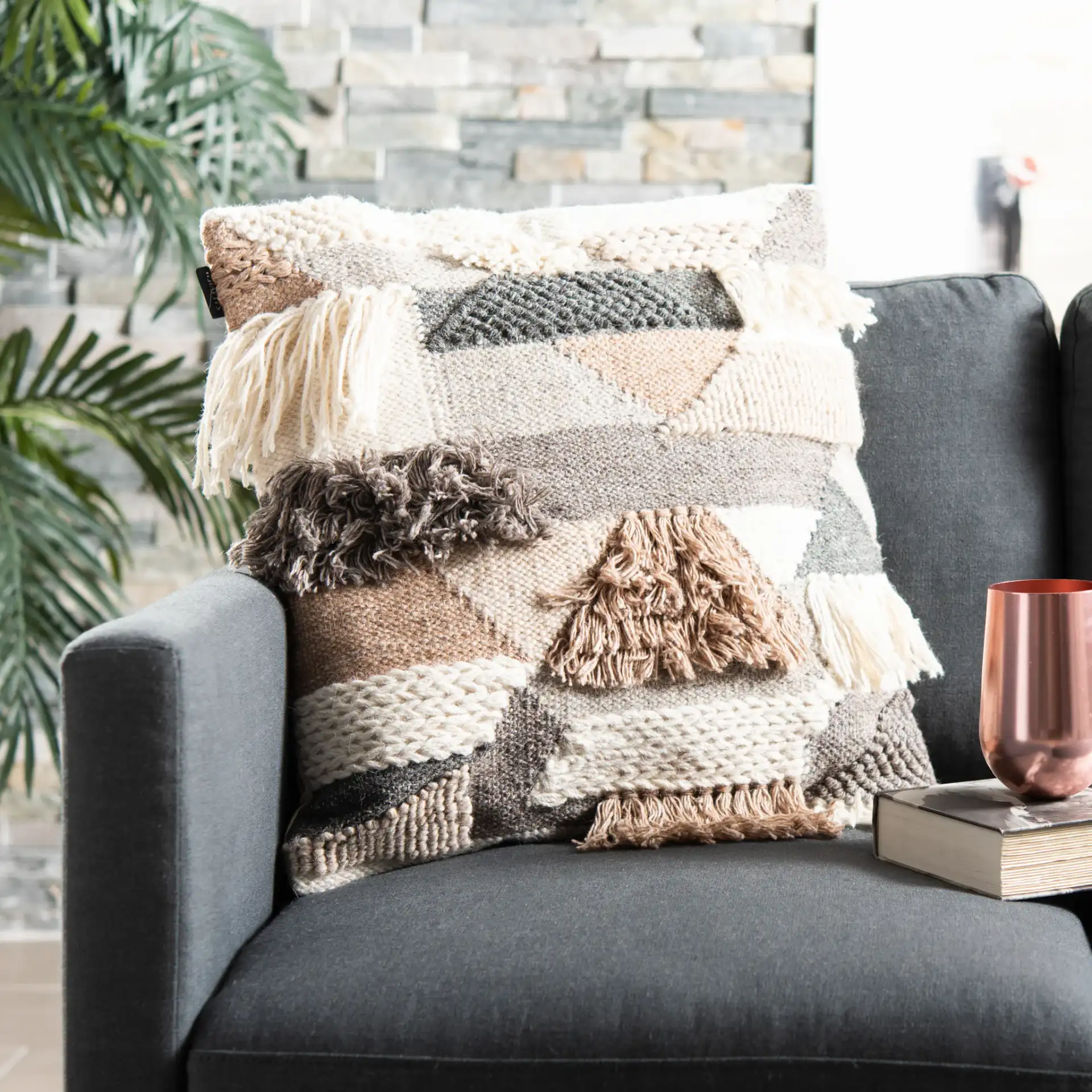 Honor 20-Inch Pillow in Gray / Ivory, detail view