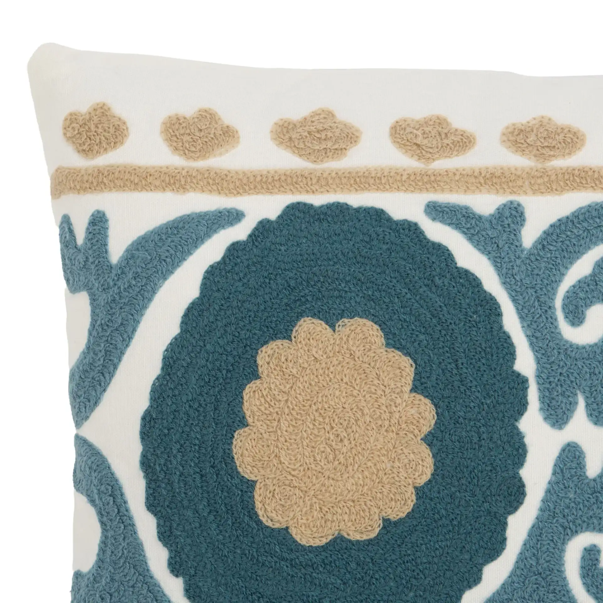 Jacque Cotton Lumbar Pillow in Ivory / Blue in a styled room