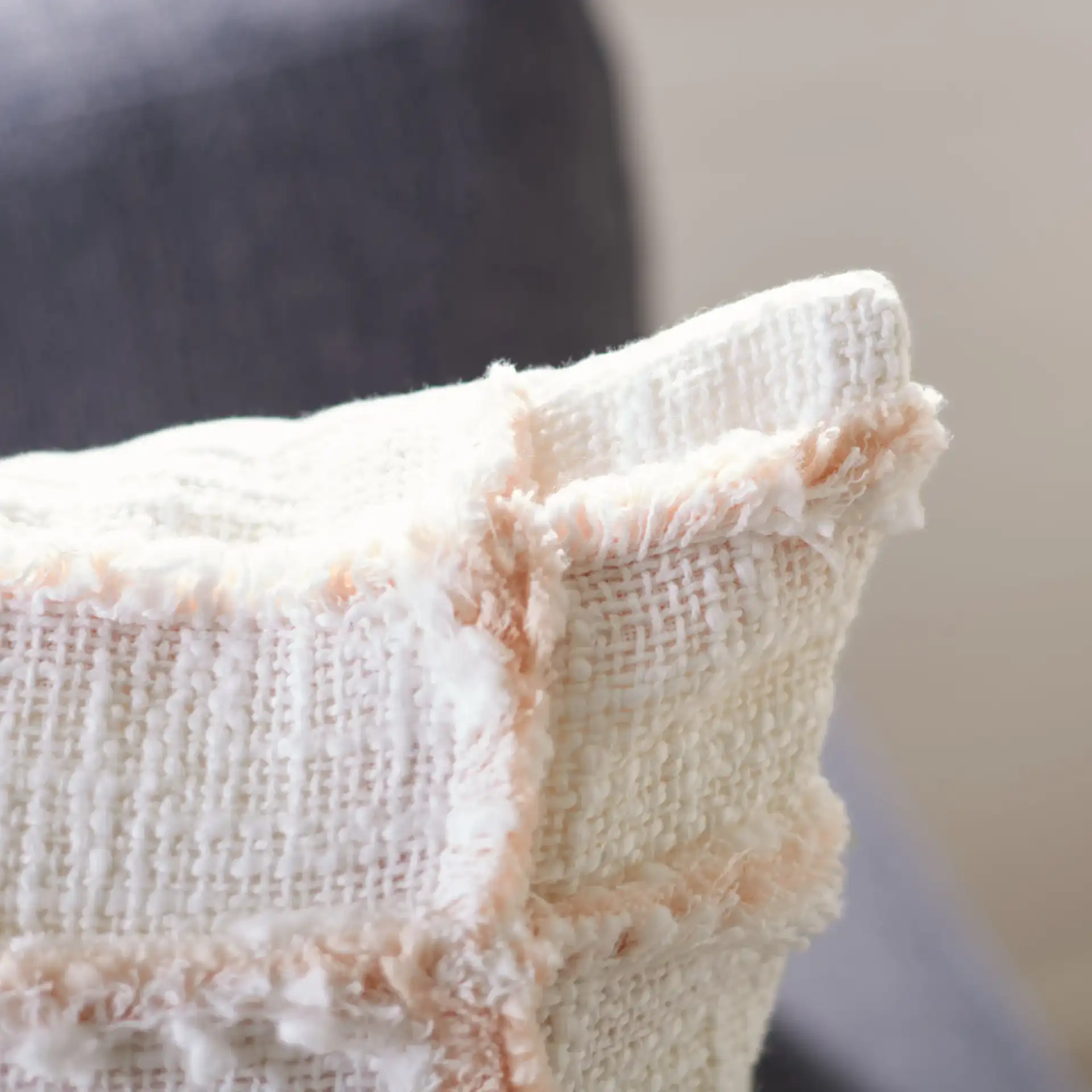 Lonis Pillow in White / Pink in a styled room