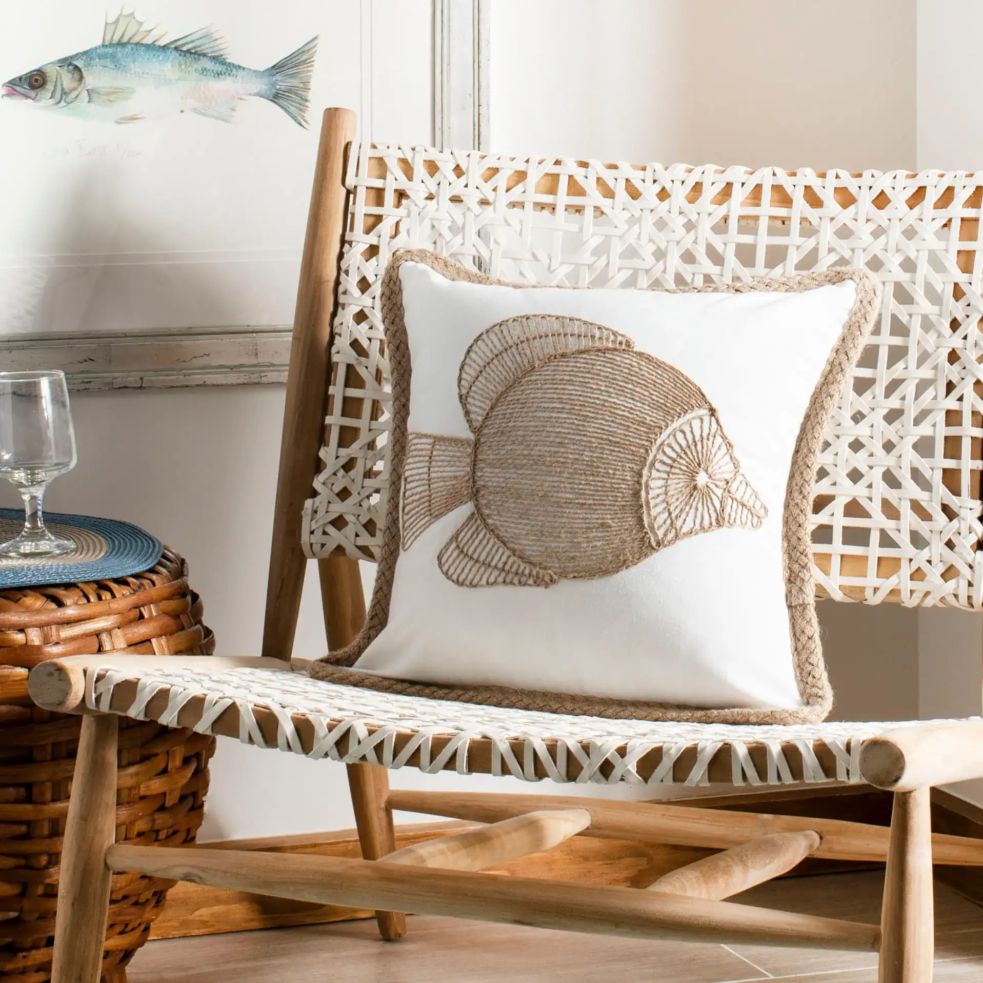 Nilam Fish Pillow in Natural in a styled room