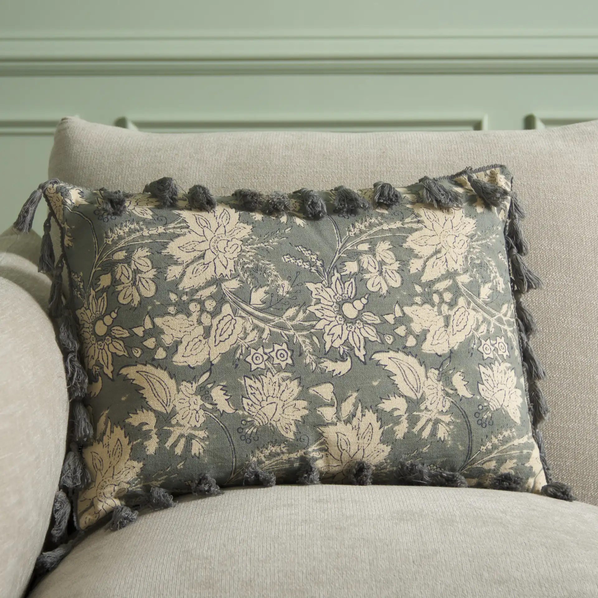 Azzura Pillow in Blue Gray in a styled room