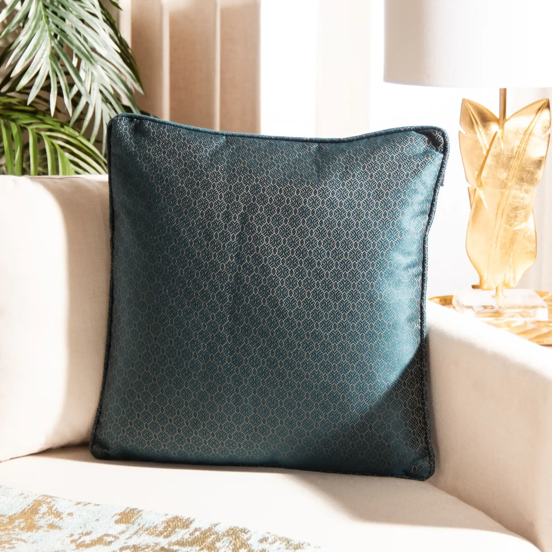 Aderyn Pillow in Green / Beige in a styled room
